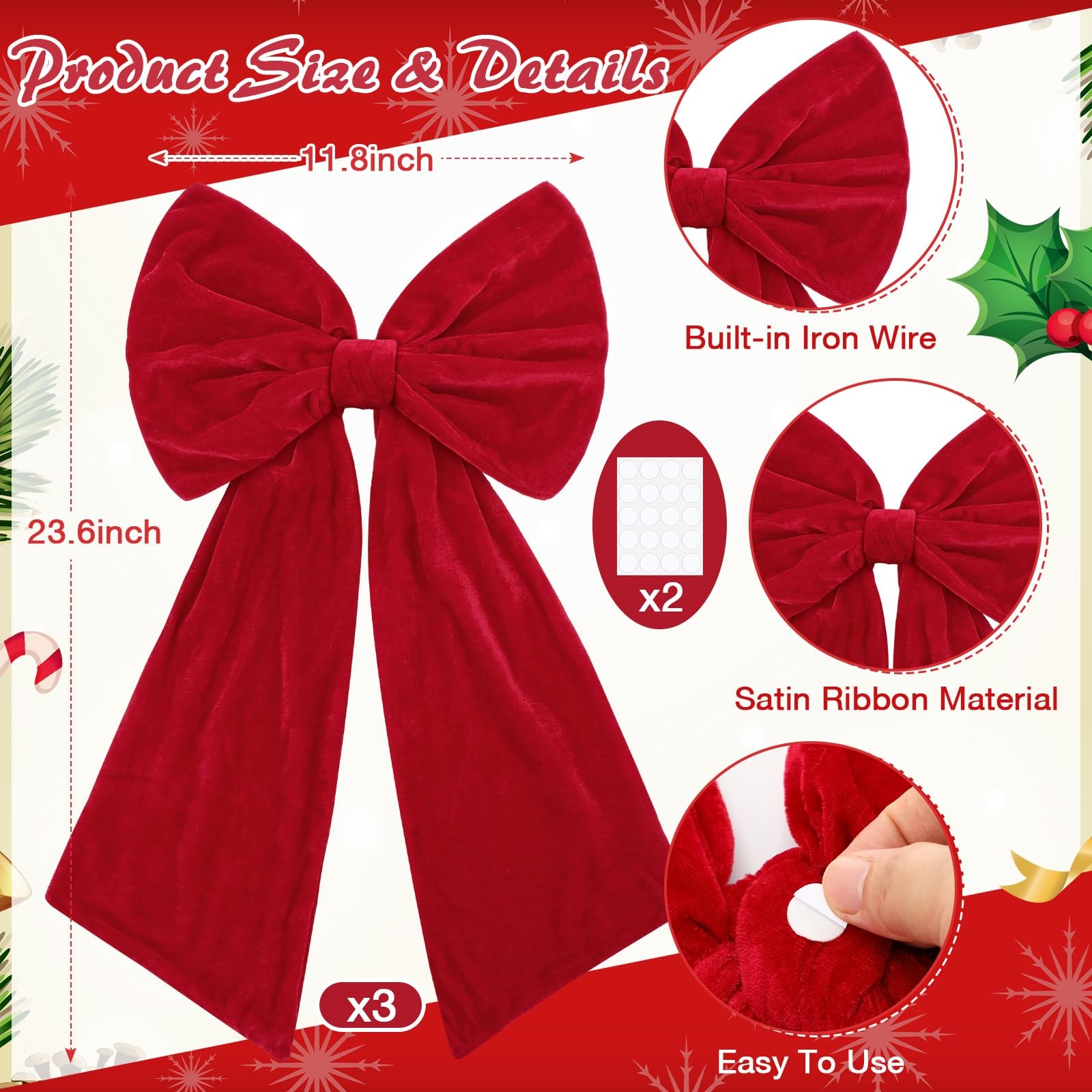 3 PCS Velvet Christmas Bow Decoration 2 Ft Large Fireplace Tree Topper Red