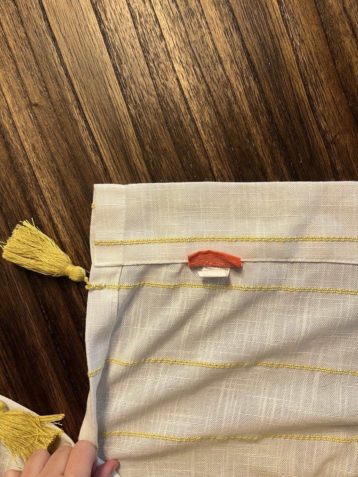 2 Opalhouse Curtain panels 84” X 54” yellow & White Stripe Tassel Trim drape rod