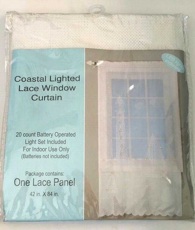 Coastal White Lighted Lace Window Panels Set of 2 Sailboats Lighthouse Nautical
