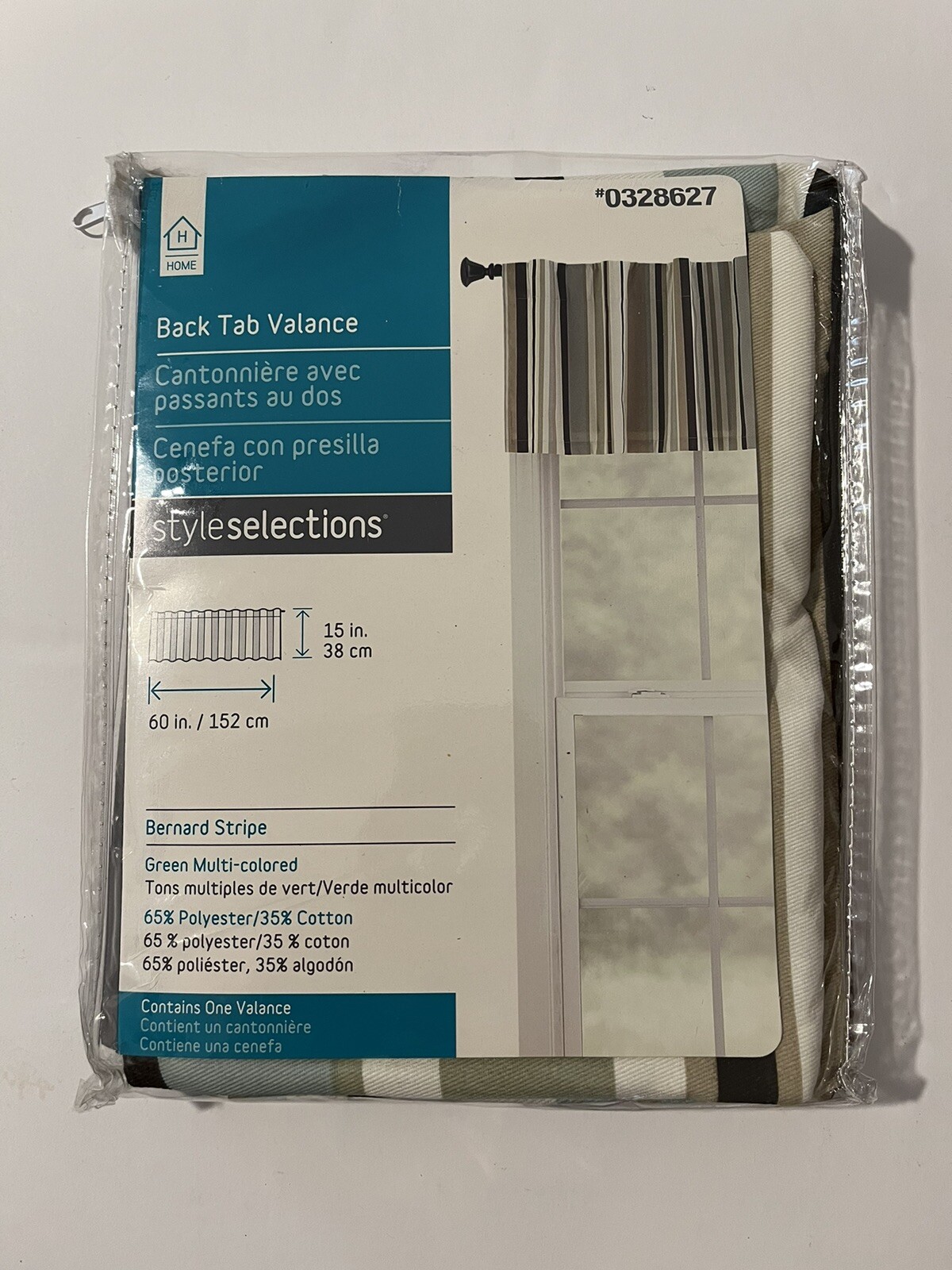 Style Selections Back Tab Valance “Bernard Stripe” Green Multi, 15″ x 60″ New.