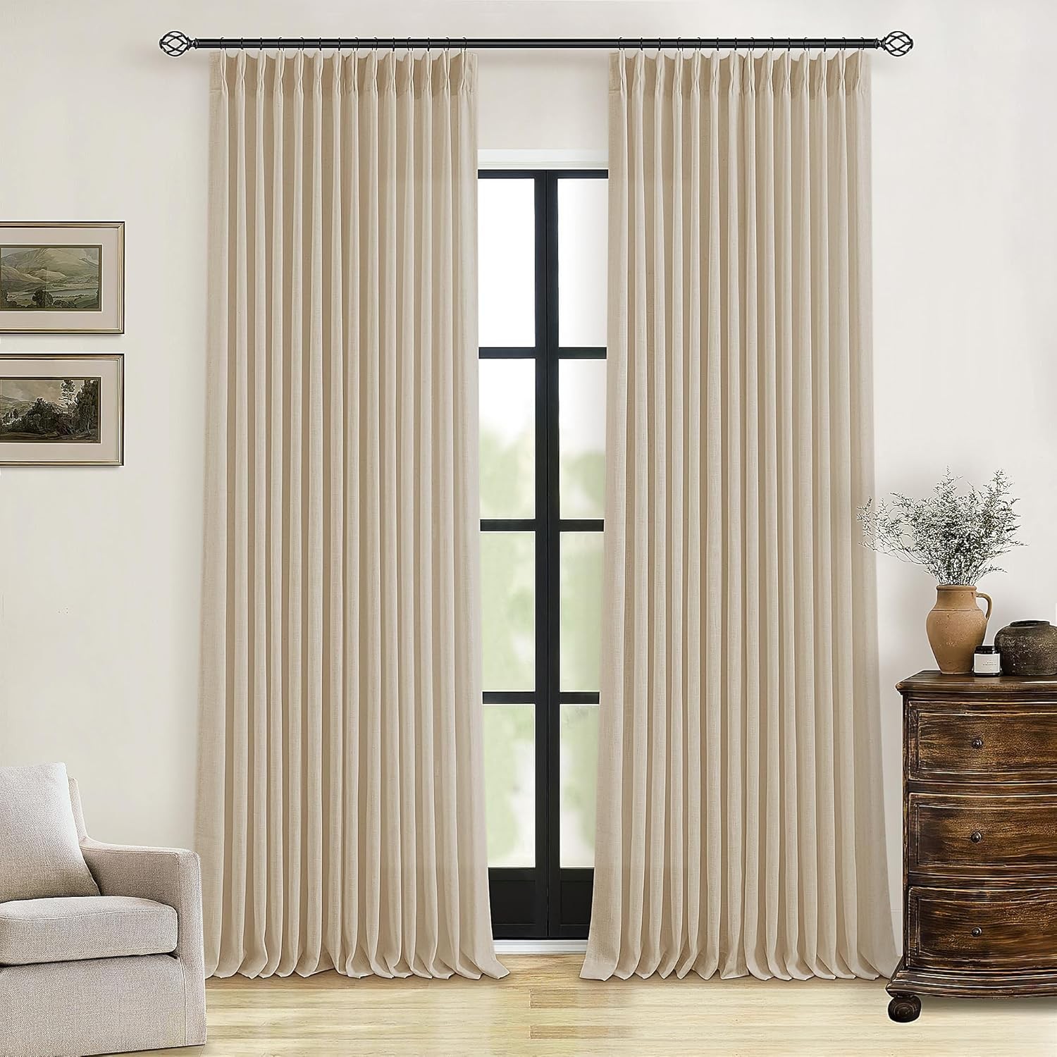 Pinch Pleated Linen Curtains 96 Inch Light Filtering Drapes 2 Panels Neutral