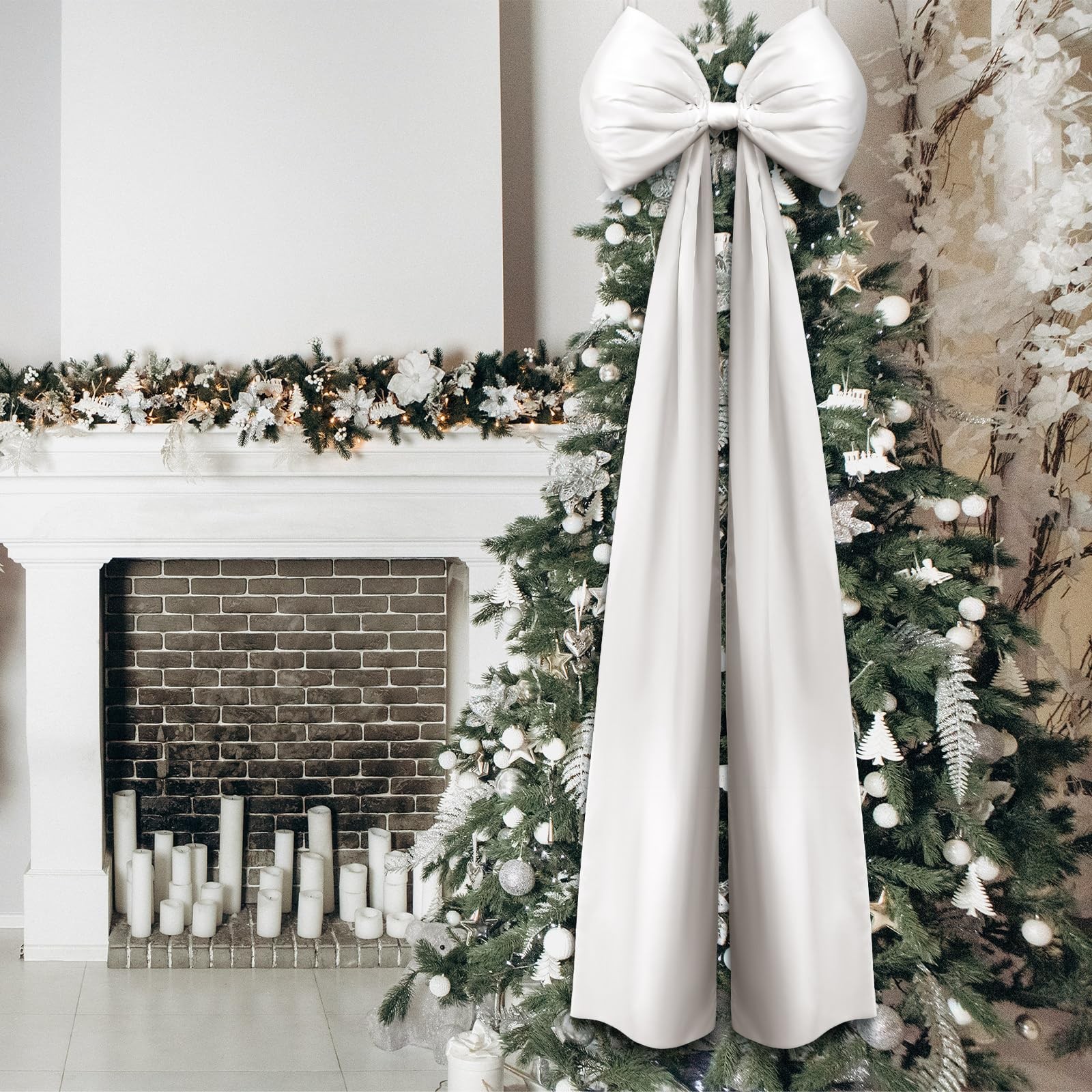 White Christmas Extra Large Satin Bows Giant Xmas Tree Topper Decor 20×47 In