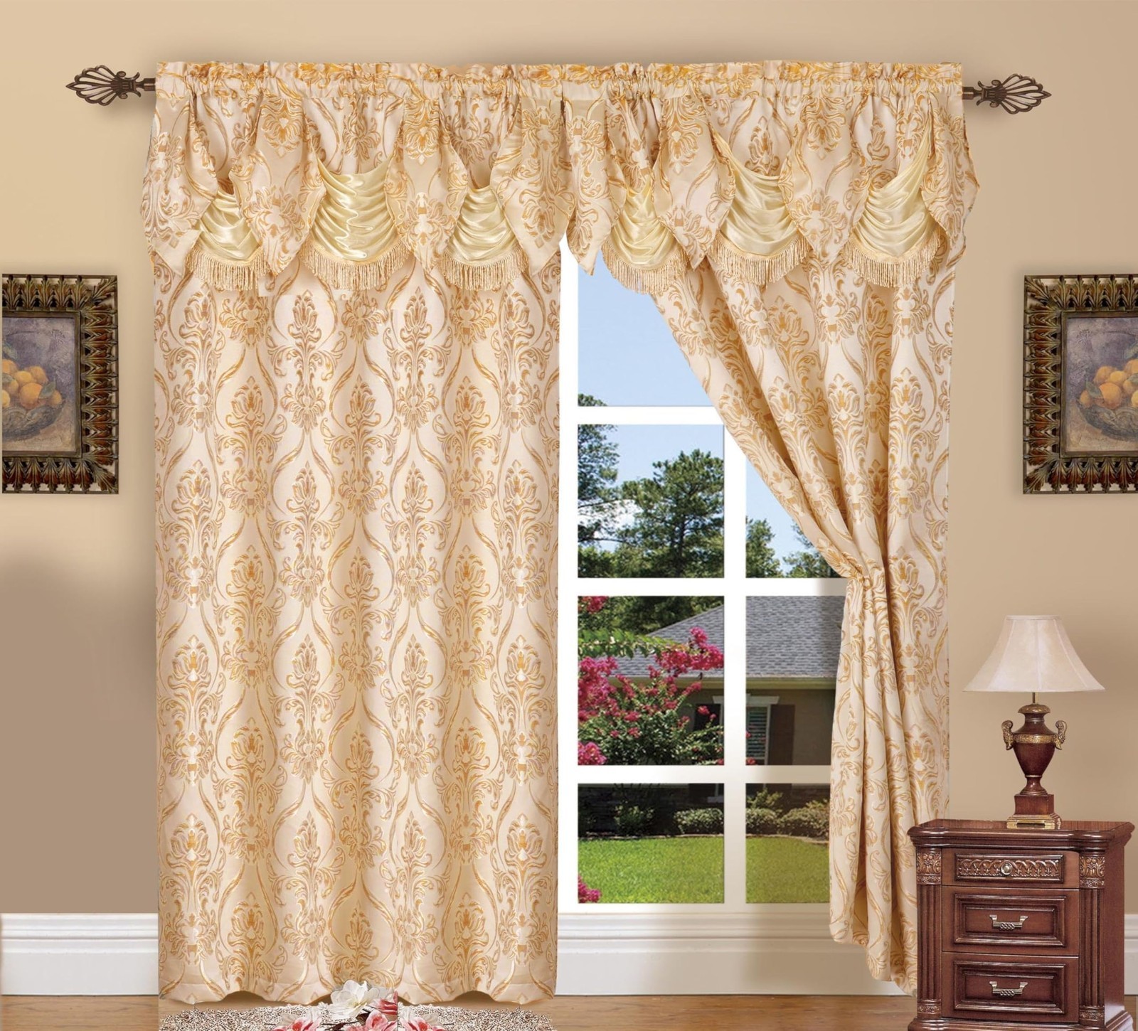 Elegant Jacquard Look Curtain Panel Set, 54×84 Inches, Beige, 2 Panels, Home Dec