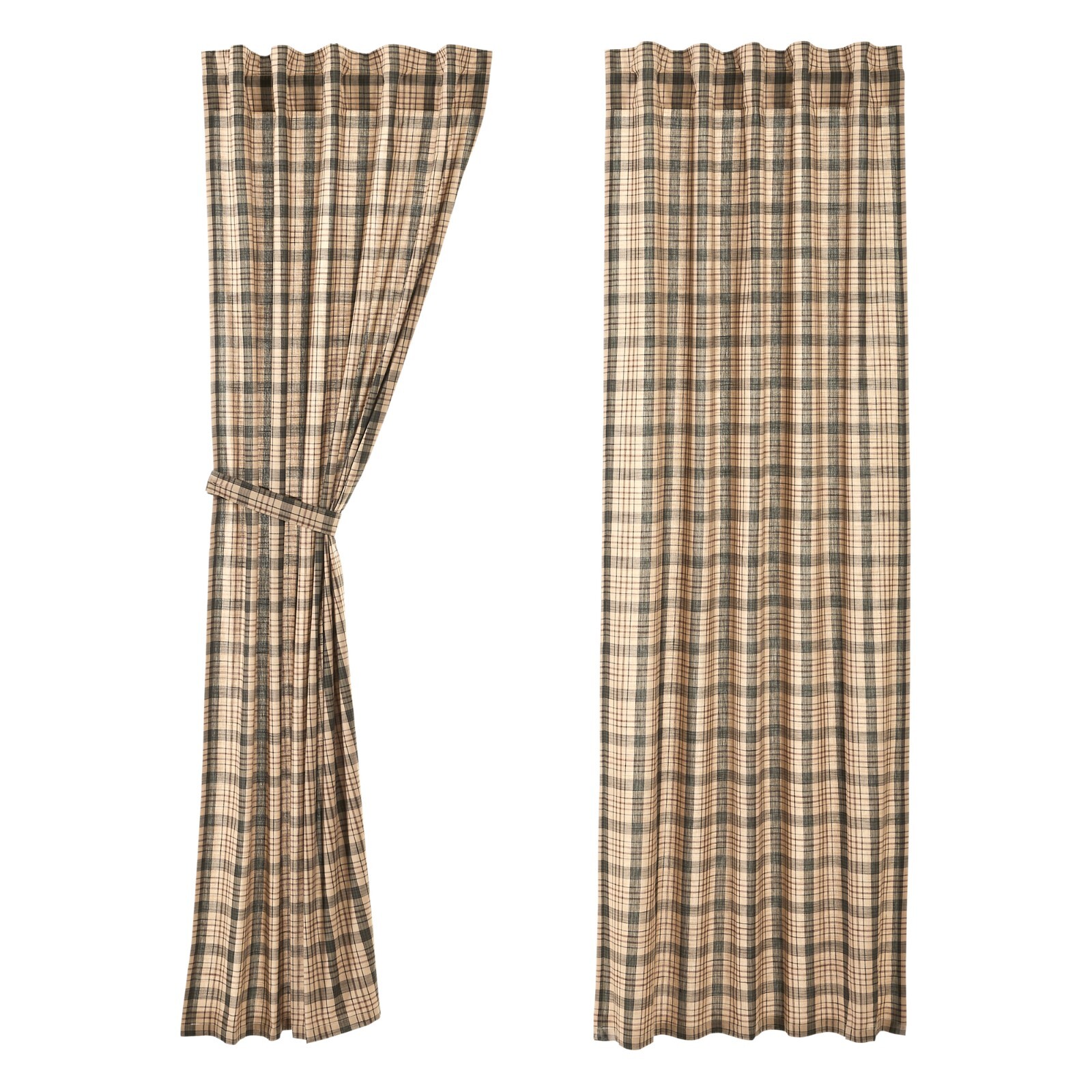 New Primitive Rustic DARK GREEN BROWN PLAID PANELS Drapes Curtains 63″