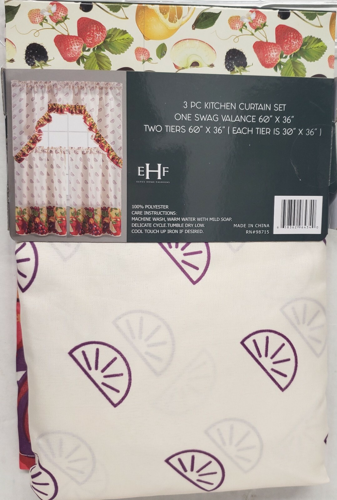 3pc. Kitchen Curtains Set:2 Tiers(30″x36″)& Swag(60″x36″)FRUITS,ORANGE PUNCH,EHF