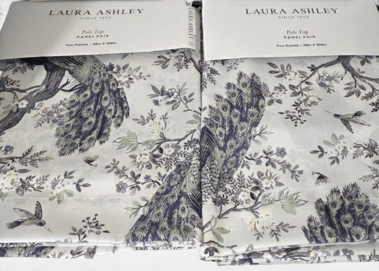 Laura Ashley Set 4 Blue Peacock Toile Curtains 38×108 Floral Drapes Panels