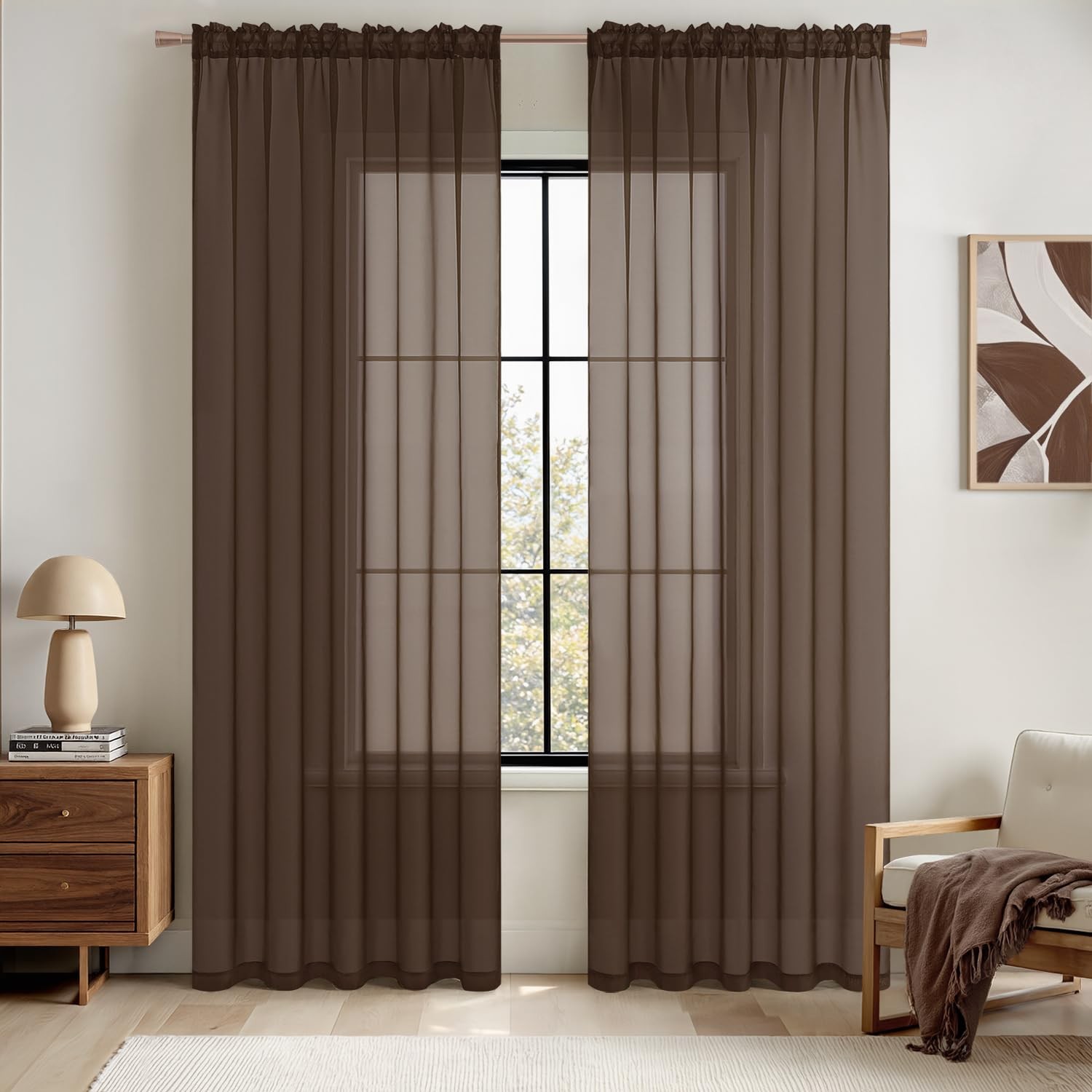 Chocolate Brown Sheer Curtains 84 Inches Long 2 Panels Light Filtering Voile