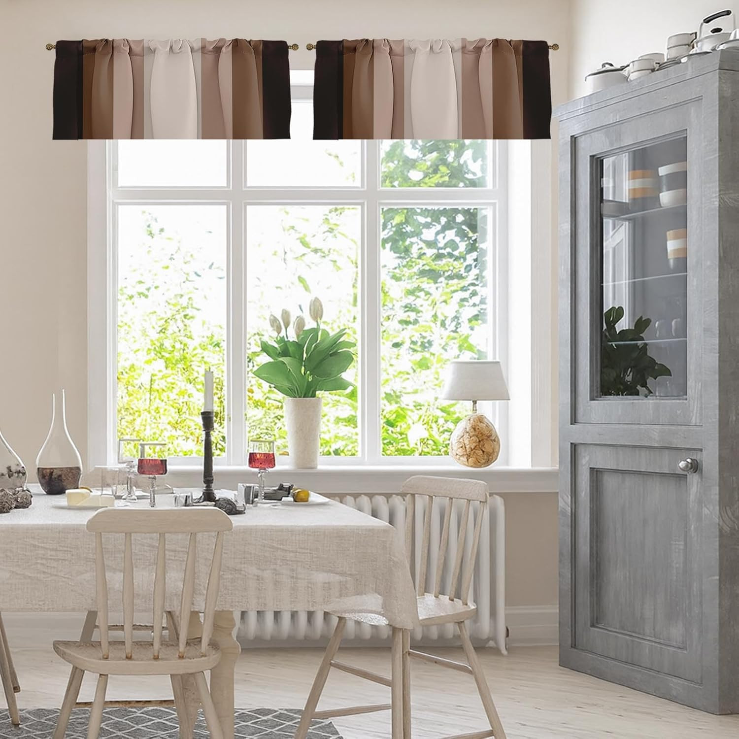 2 Pack Valances Window Treatments, Striped Neutral Brown Minimalist Beige Retro