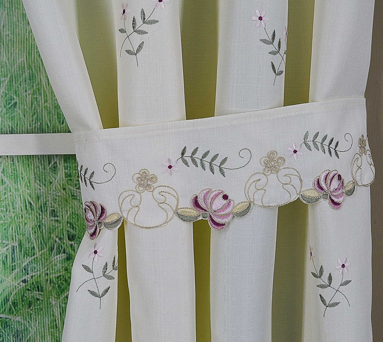 Verona Reverse Embroidery Panel Pair and Tiebacks, 63″, Ecru/Rose, 80″ W X 63″ L