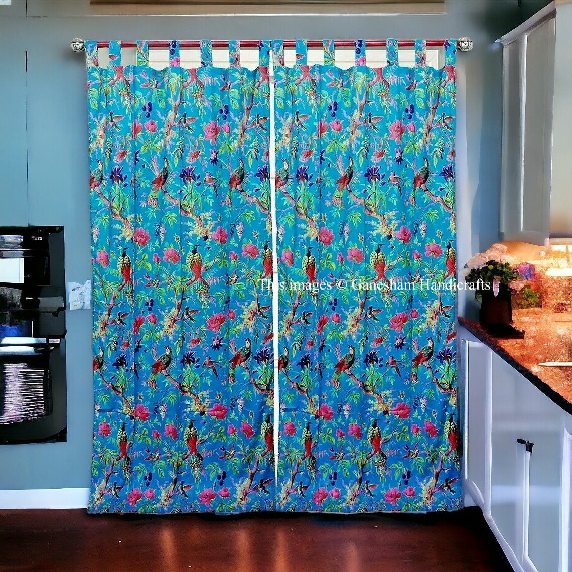 2 Piece Indian Vintage Cotton Bird Print Boho Drapes Window Decor Blue Curtain
