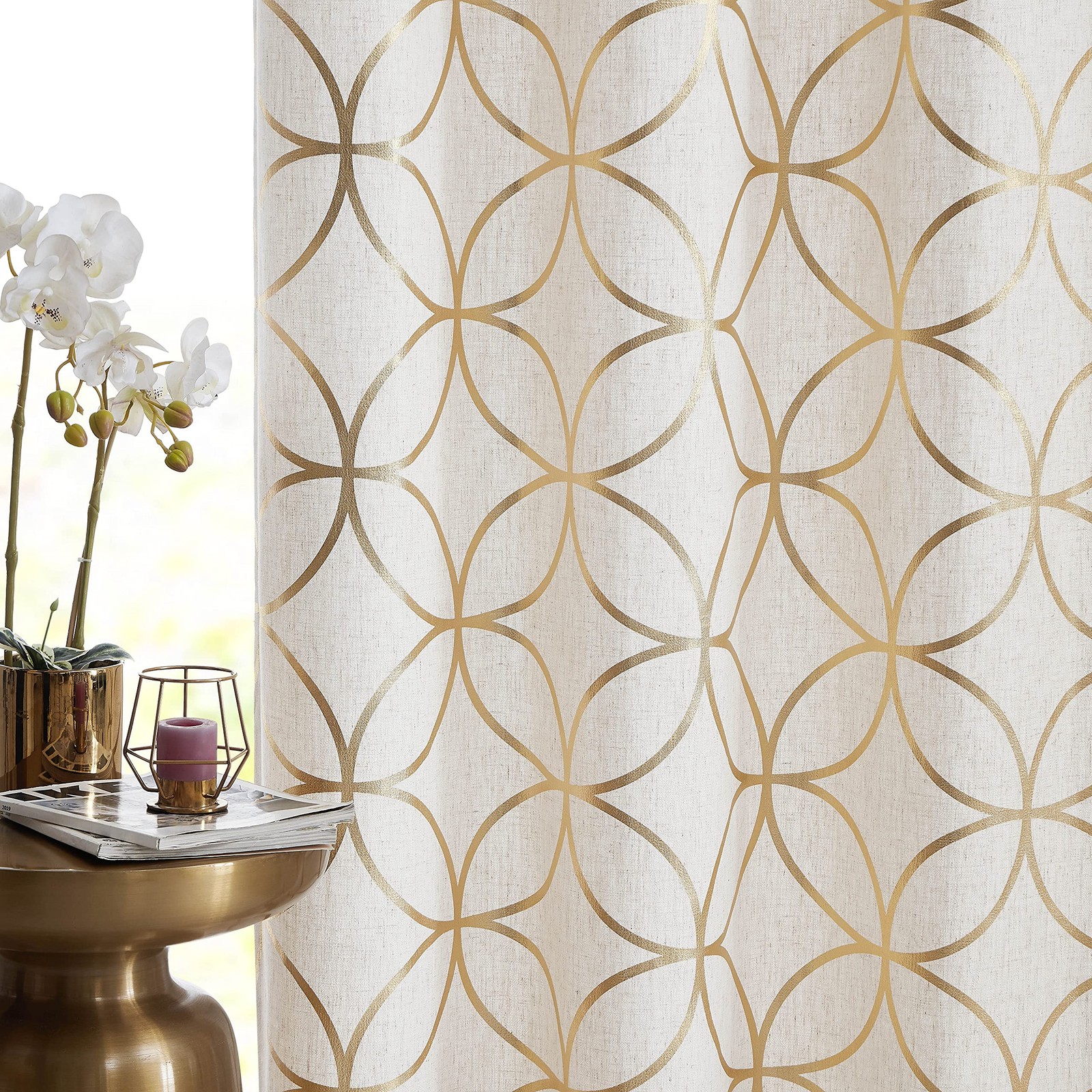 Gold Foil Print Linen Curtains Metallic Moroccan Cream Semi Sheer Curtains 63…