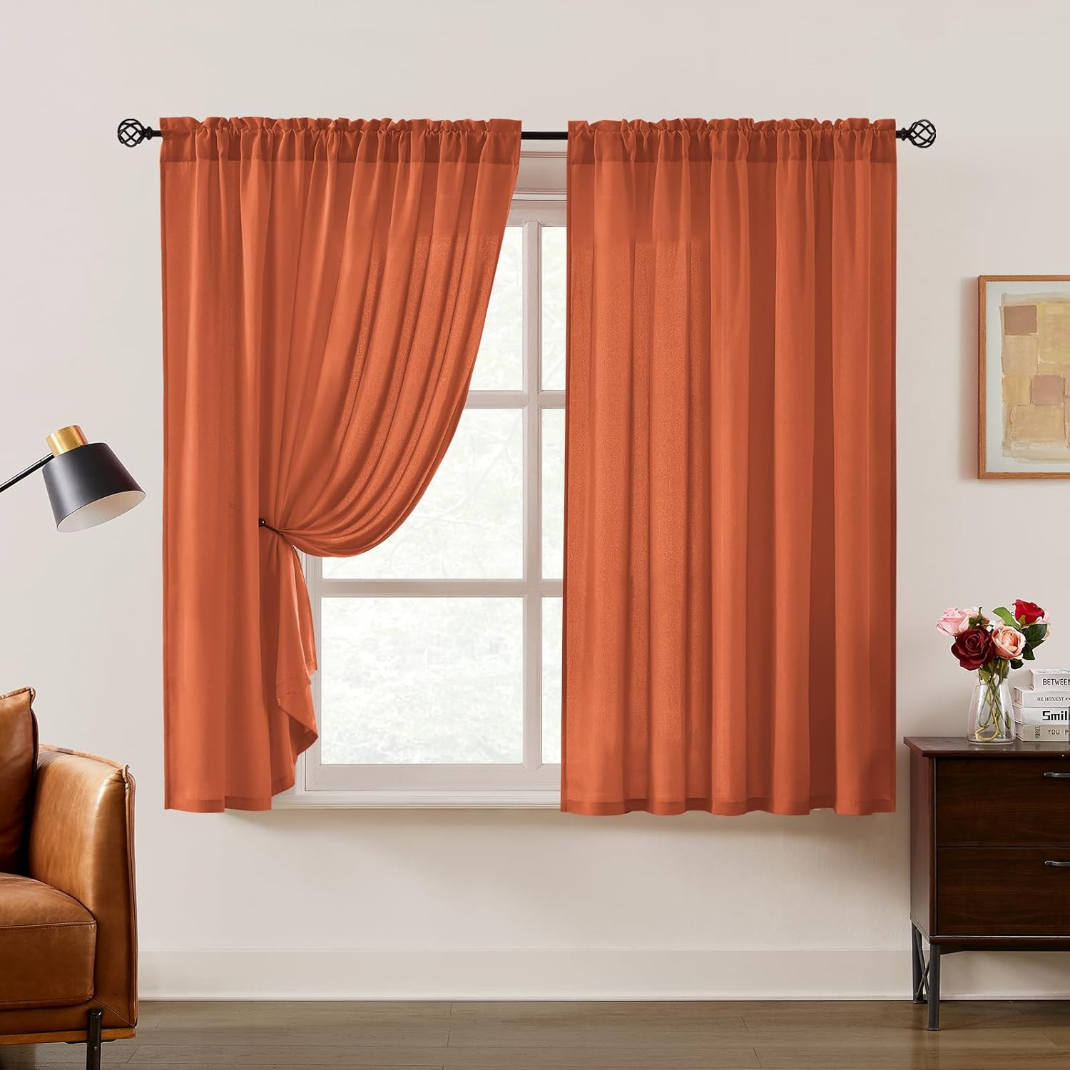 HOMEIDEAS Fall Burnt Orange Privacy Semi Sheer Curtains Non-See-Through 45 Inche