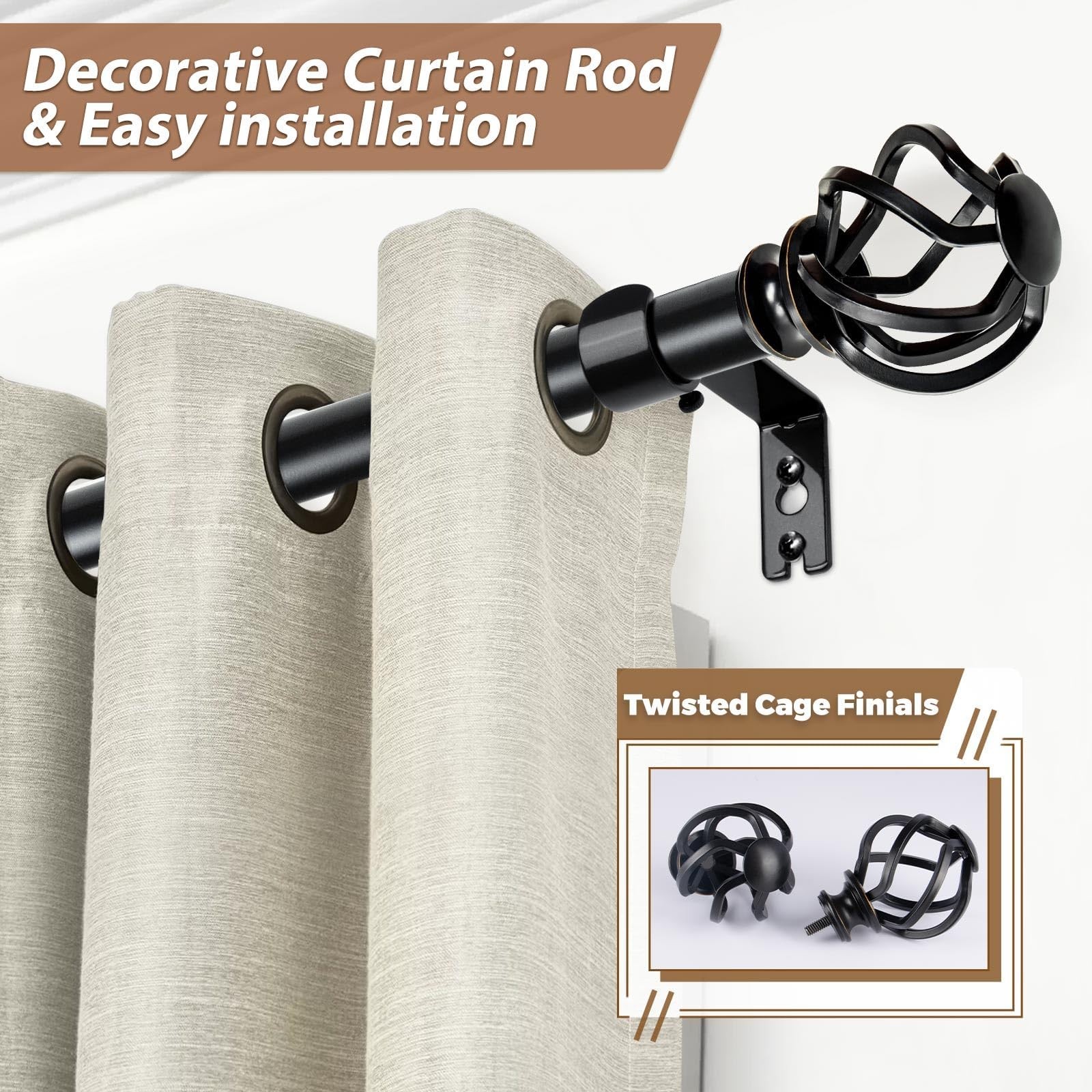 2 PCS Black Twisted Cage Replacement Finials Fits 1 Or 7/8 Inch Curtain Rods