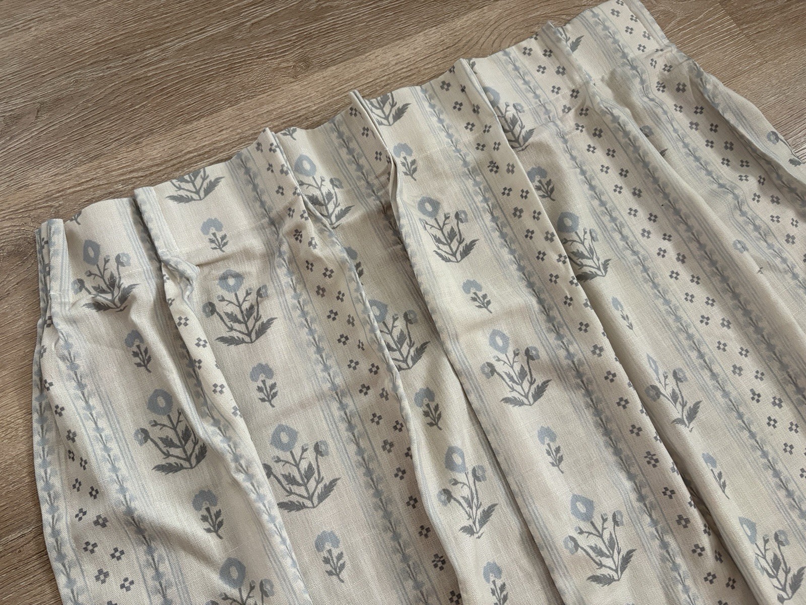 Blue Grey Pinch Pleated Floral Curtain Panel 82” Long