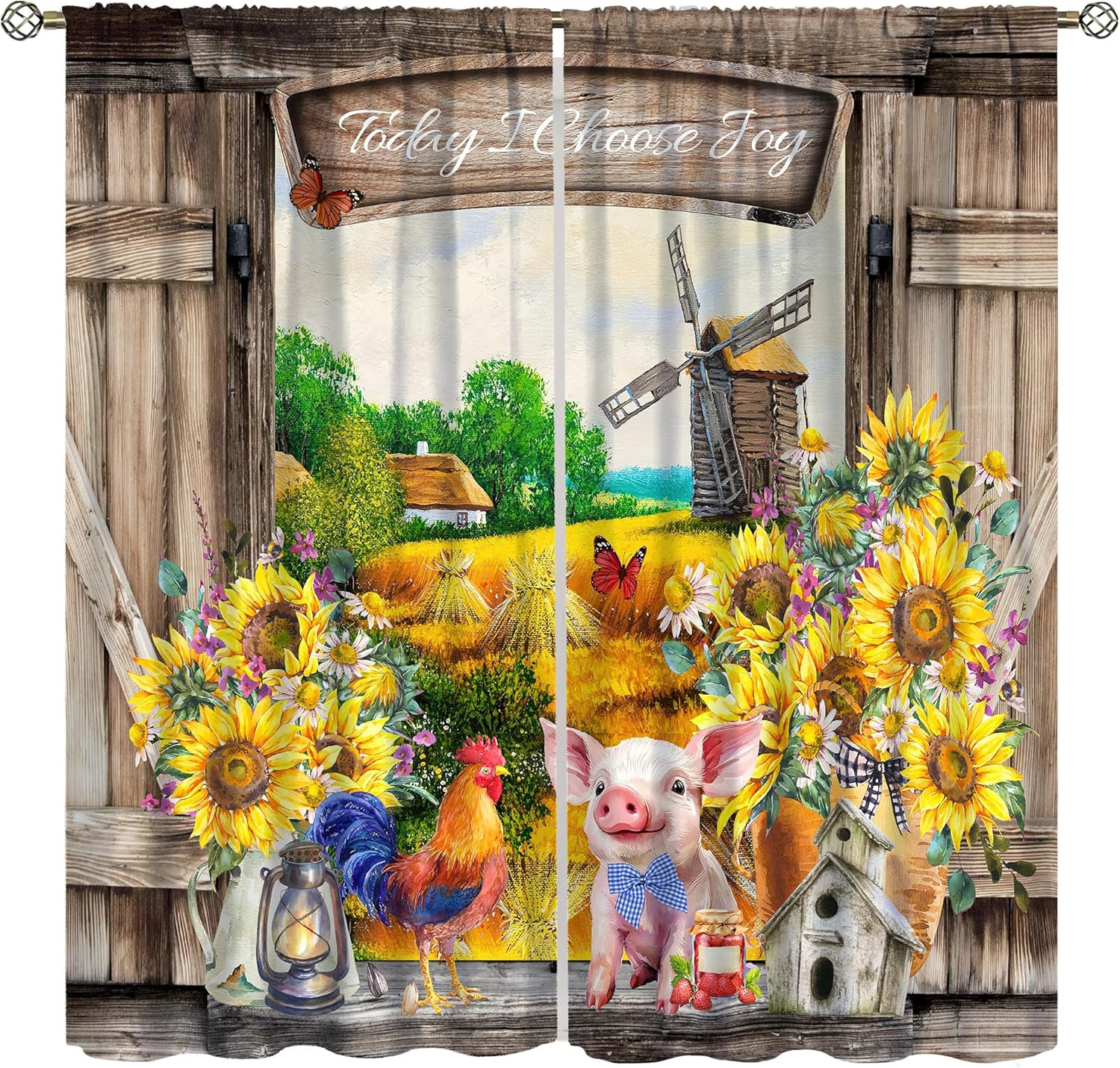 Farmhouse Animal Curtains for Kitchen Vintage Rustic Wooden Barn Farm Windmill A