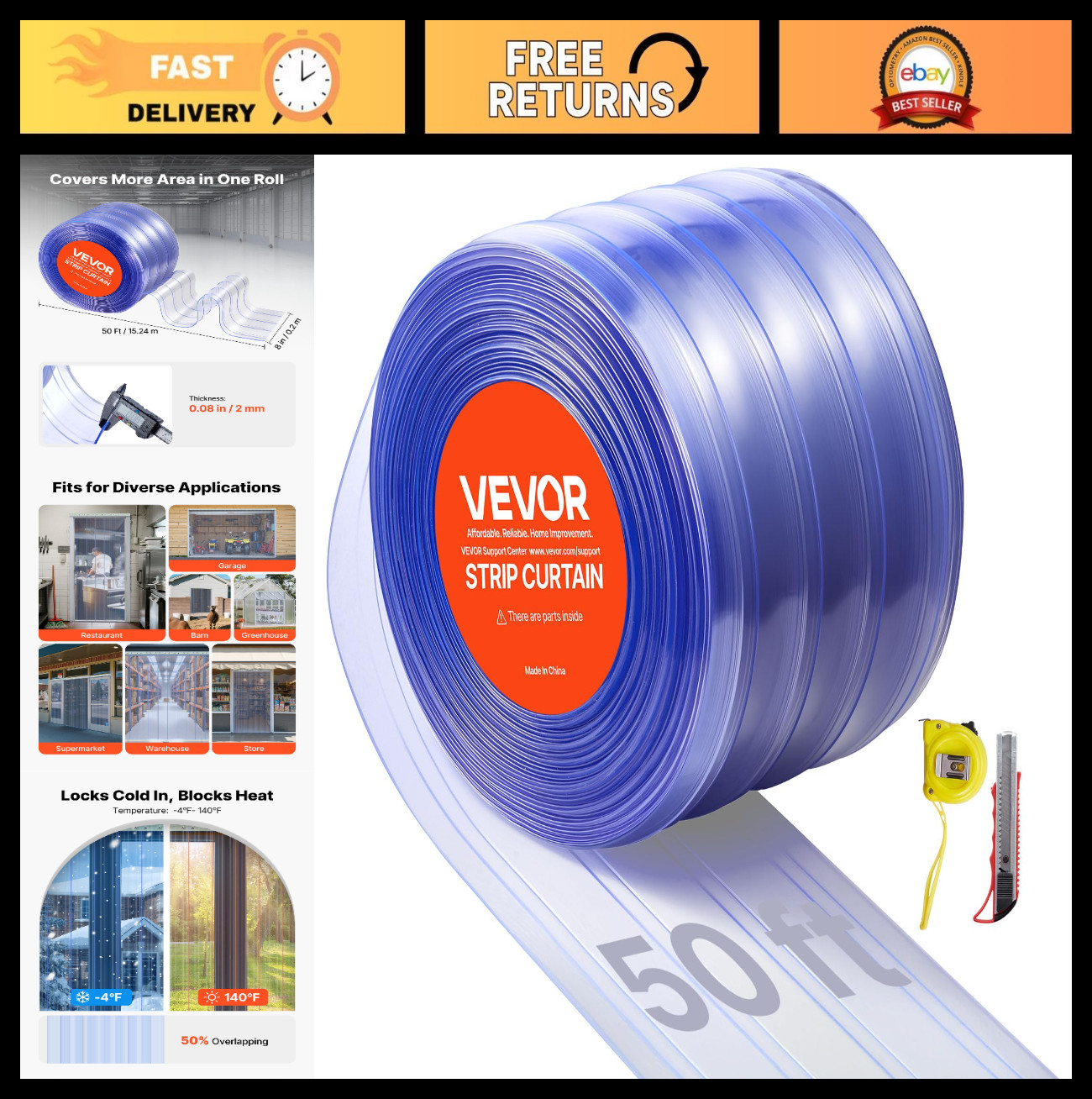 Clear PVC Strip Curtain 50ft x 8in – Ribbed Plastic Door Strips for Freezer, Gar