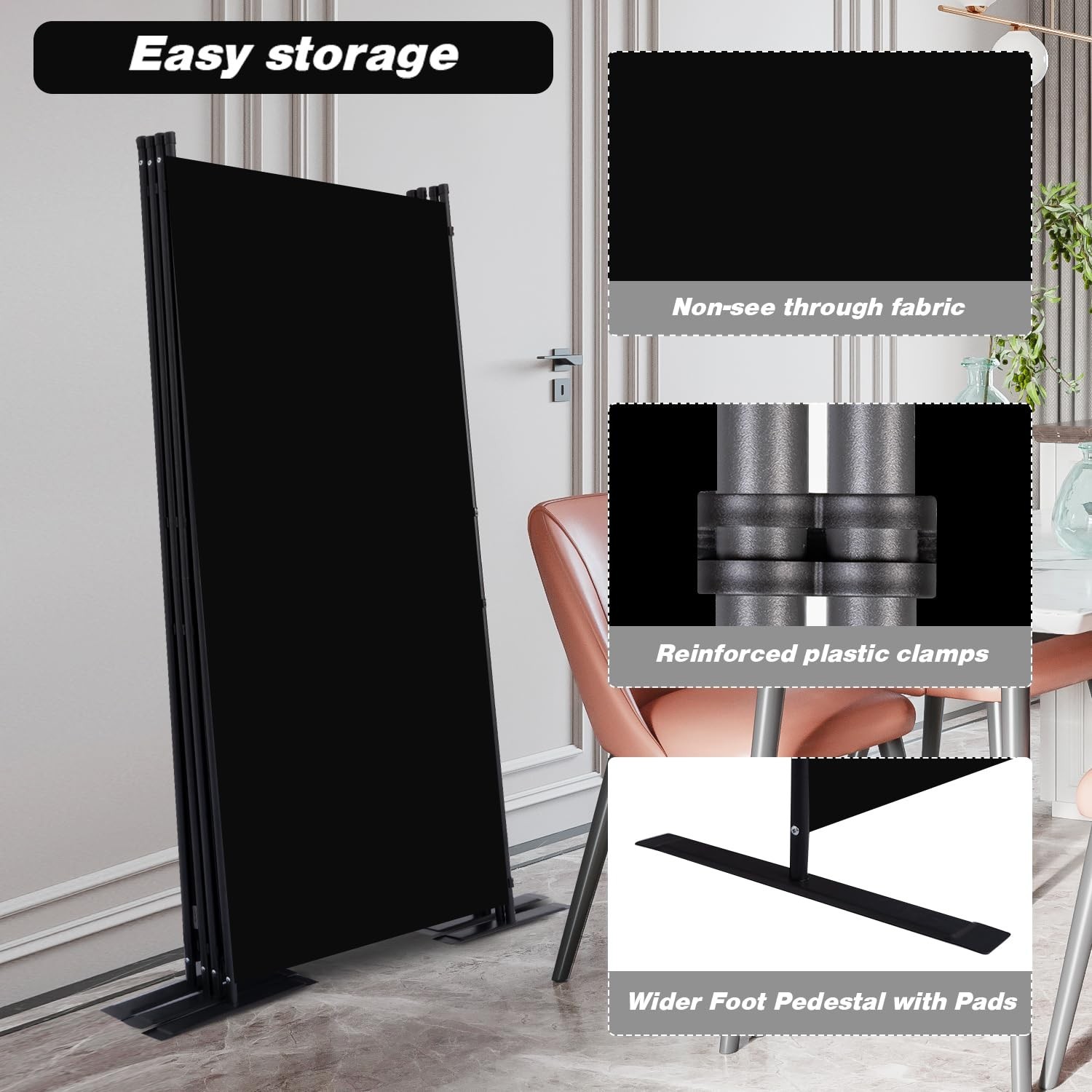 Room Divider, 4 Panel Folding Privacy Screens with Wider Feet, Black | 136″ W…