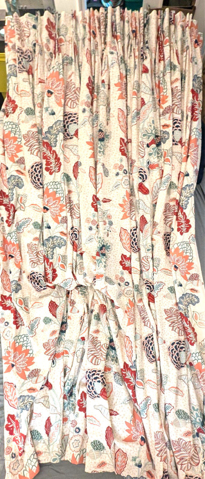 Custom Professional Drapery 80″ Panel – Duralee “Chilvers” – Mint / Red l 98.5LG