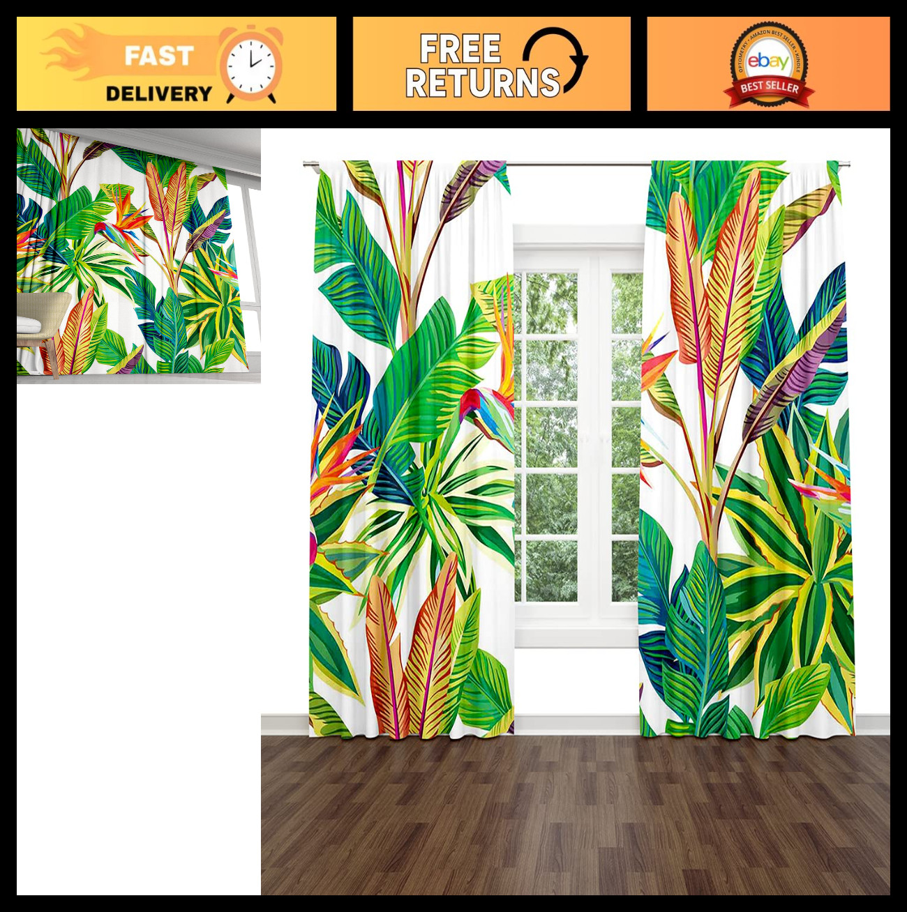 Tropical Jungle Birds & Leaves Window Curtains – 2 Panels, 26×84 Inches, Home De
