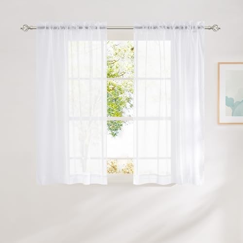 Sheer Curtains 54 inches Long for Bathroom, Rod 42″W x 54″L (Pack of 2) White