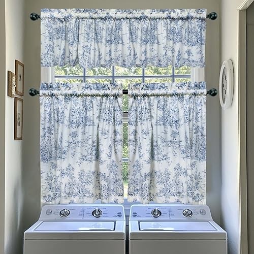 COTTON CRAFT Café Curtains – Tier Window Treatment Curtains – Blue White