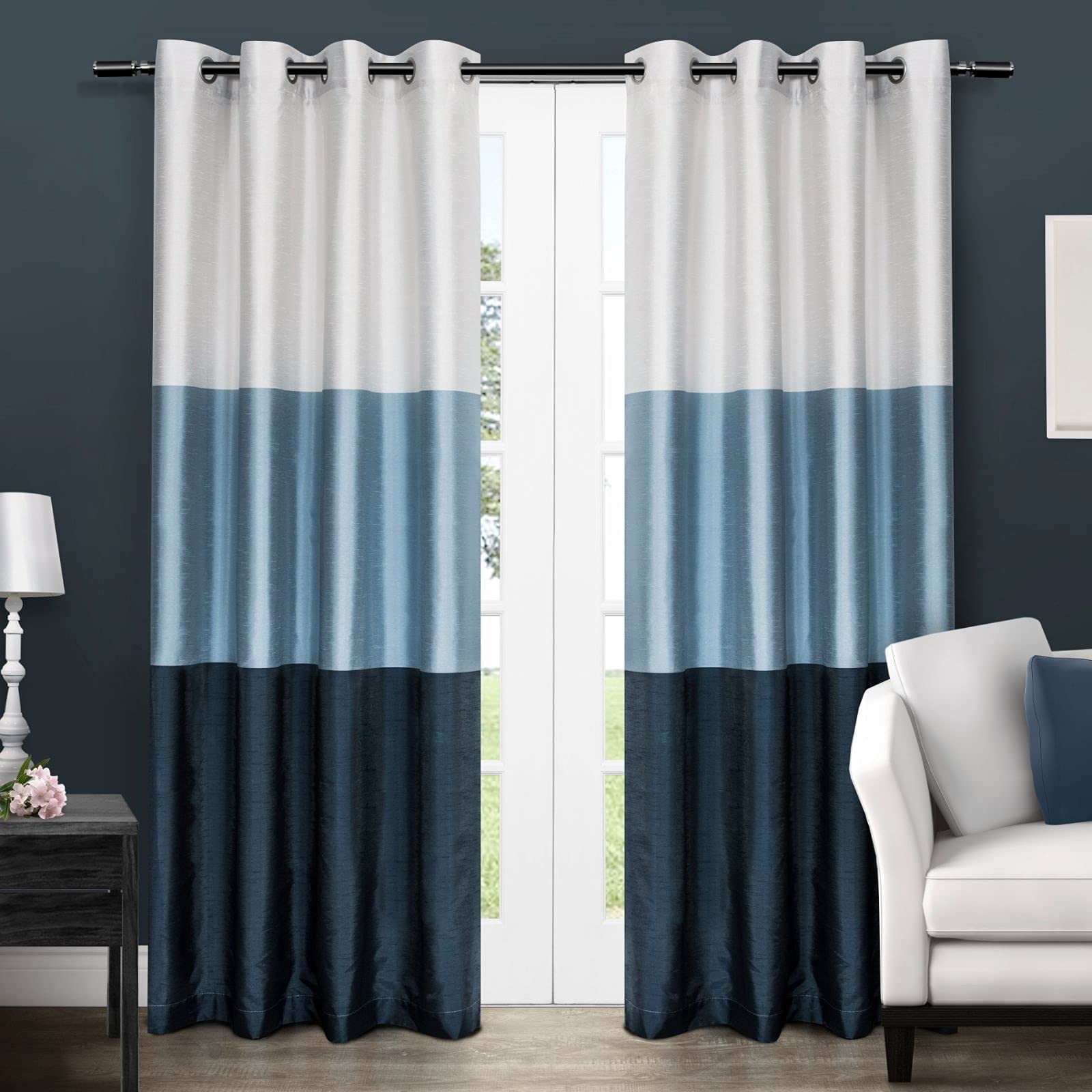 EXCLUSIVE HOME Chateau Striped Faux Silk Grommet Top Curtain Panel Pair, 54″x…