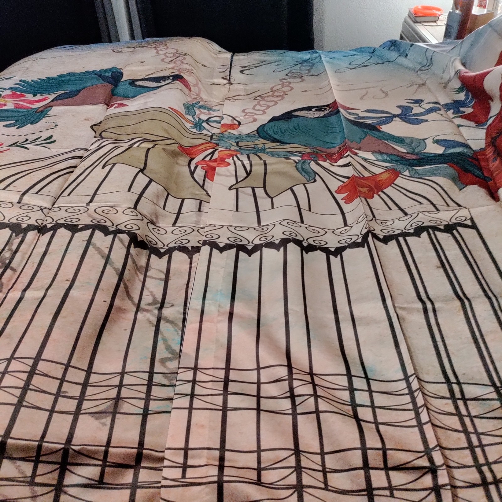 Birds On Bird Cage And Flowers Window Curtains
