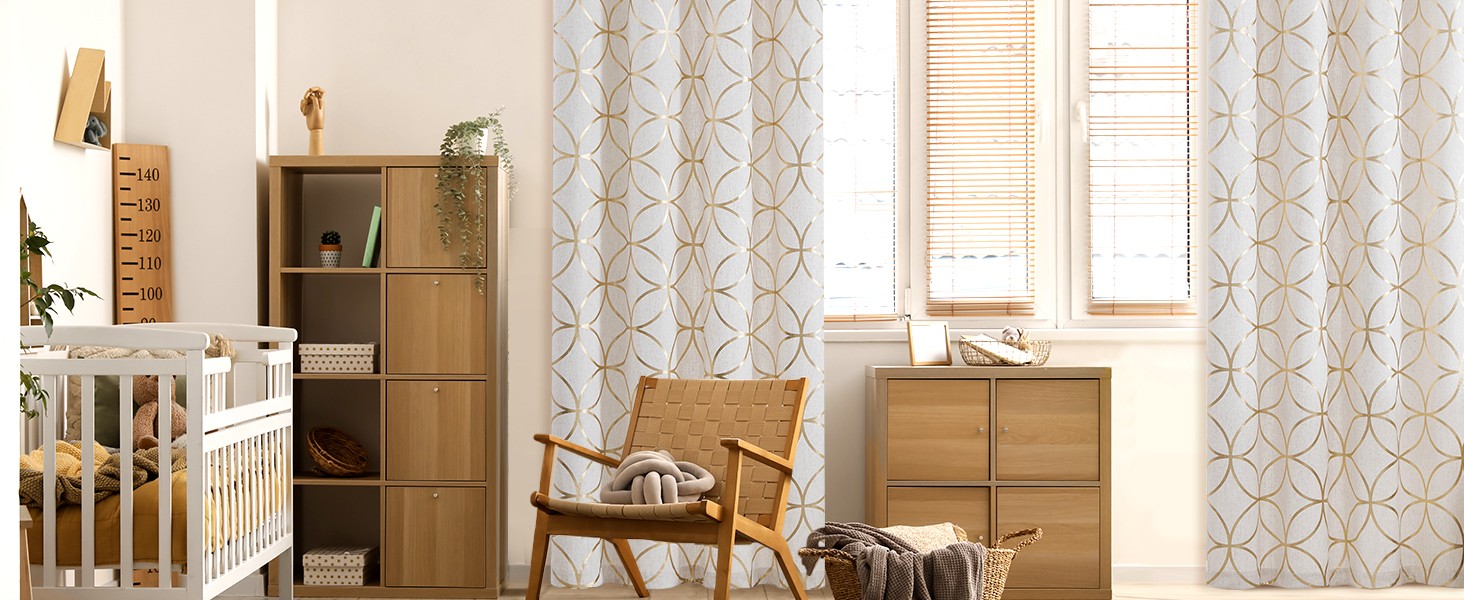Gold Foil Print Linen Curtains Metallic Moroccan Cream Semi Sheer Curtains for