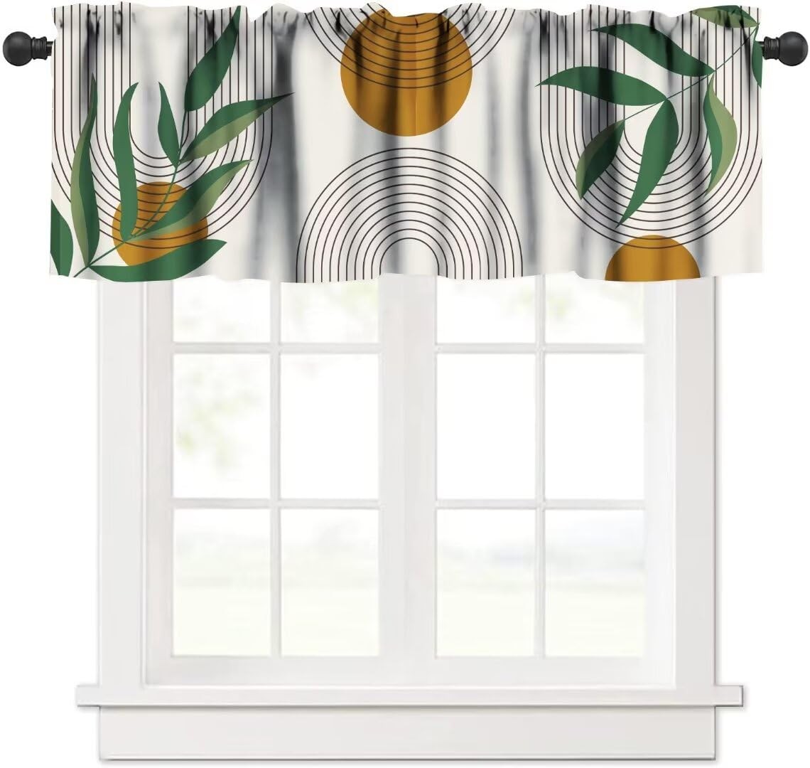 Mid Century Valance, Boho Arch Modern Green Leaves Plant Abstract Geometric M…
