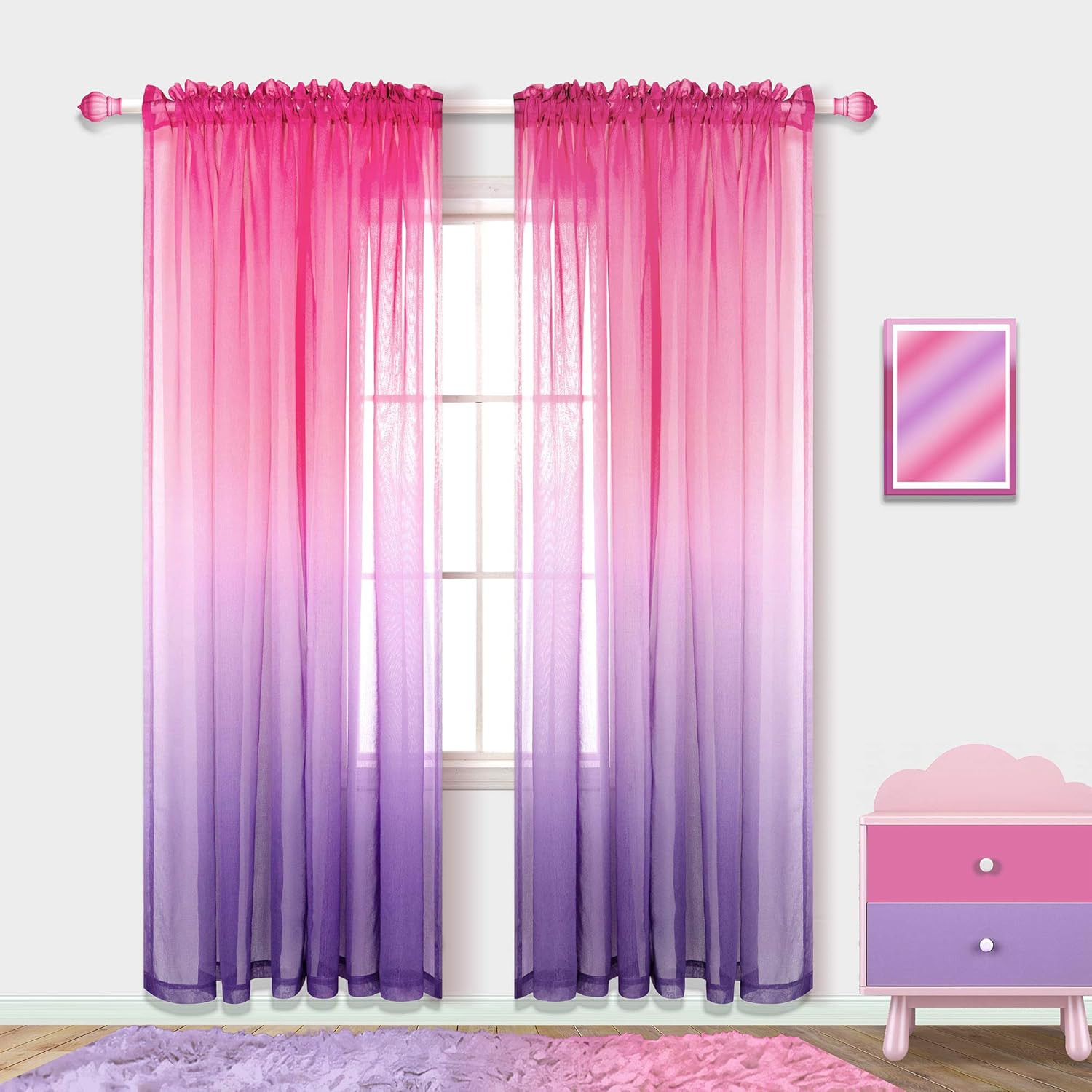 Pink and Purple Curtains for Girls Bedroom 2 Panels Set Ombre Sheer Cute Curtai