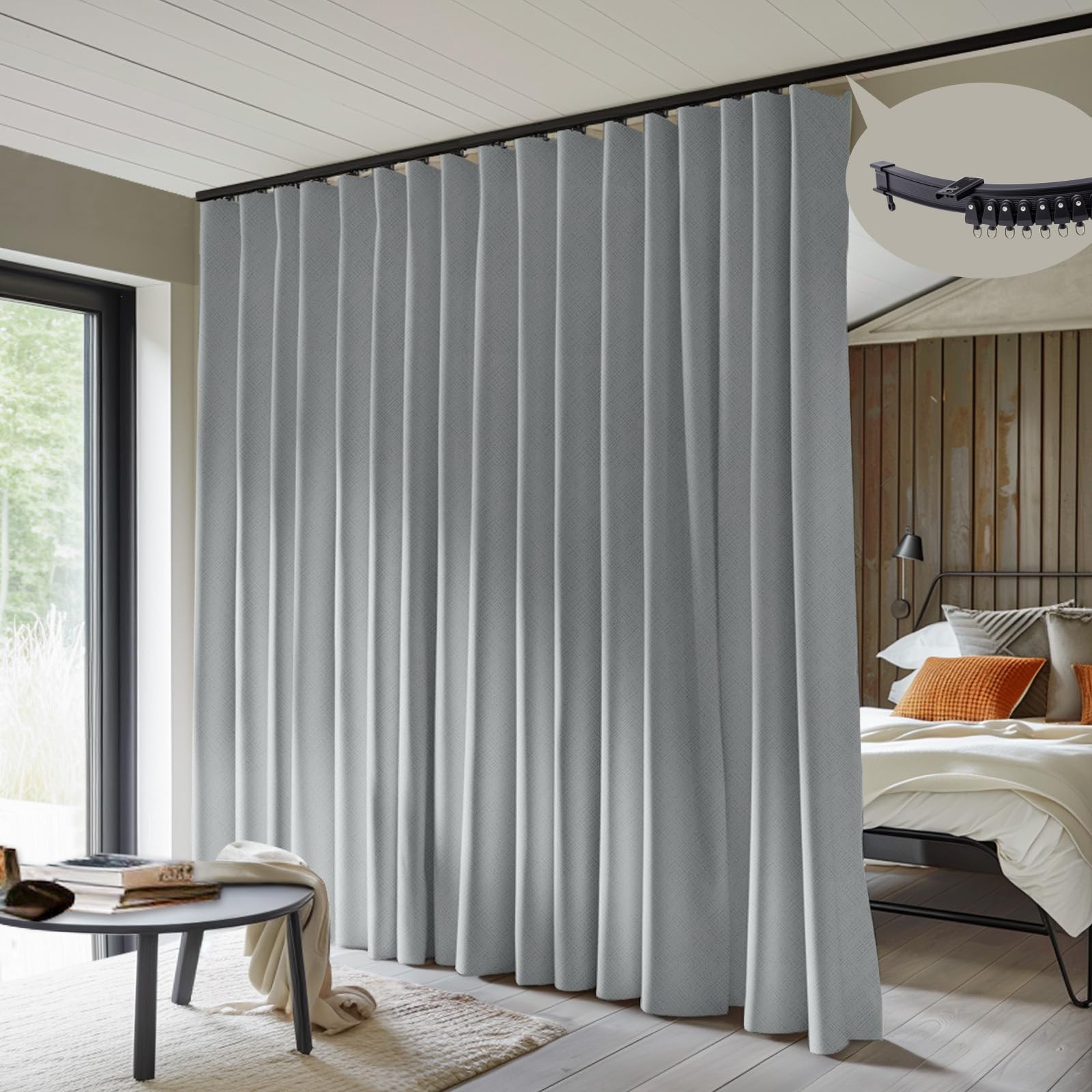 MaKefeile Ceiling Room Divider Curtains 100% Blackout Grey Drape Black Rail