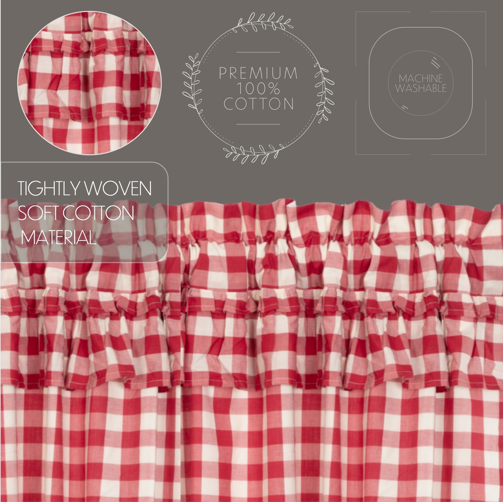 Farmhouse 24″x36″ Tier Pair Red Rod Pocket Kitchen Window Curtains VHC Brands