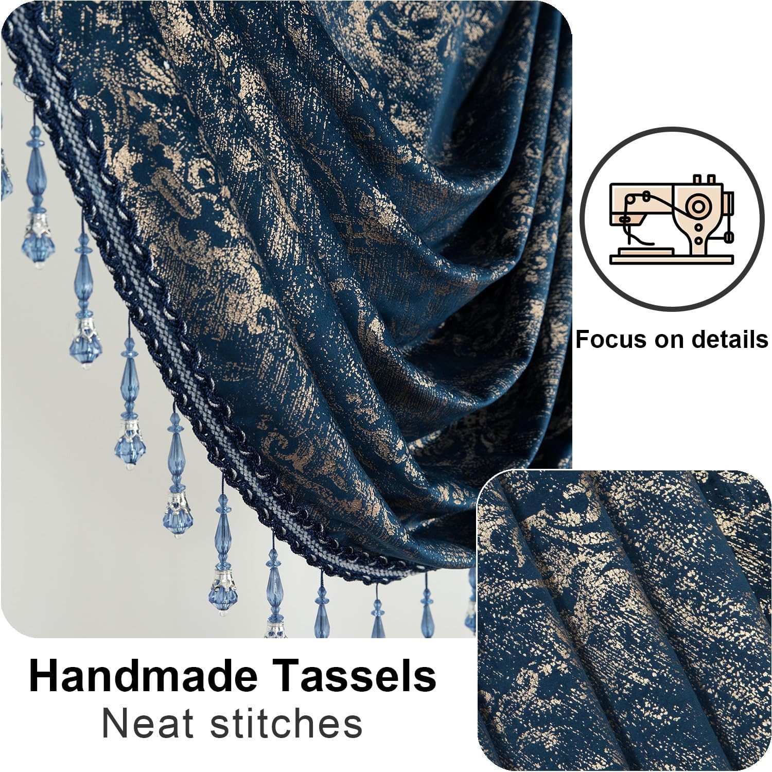 Navy Gold Marble Velvet Valance, Modern Luxury Light Filtering Swag Curtains, 40
