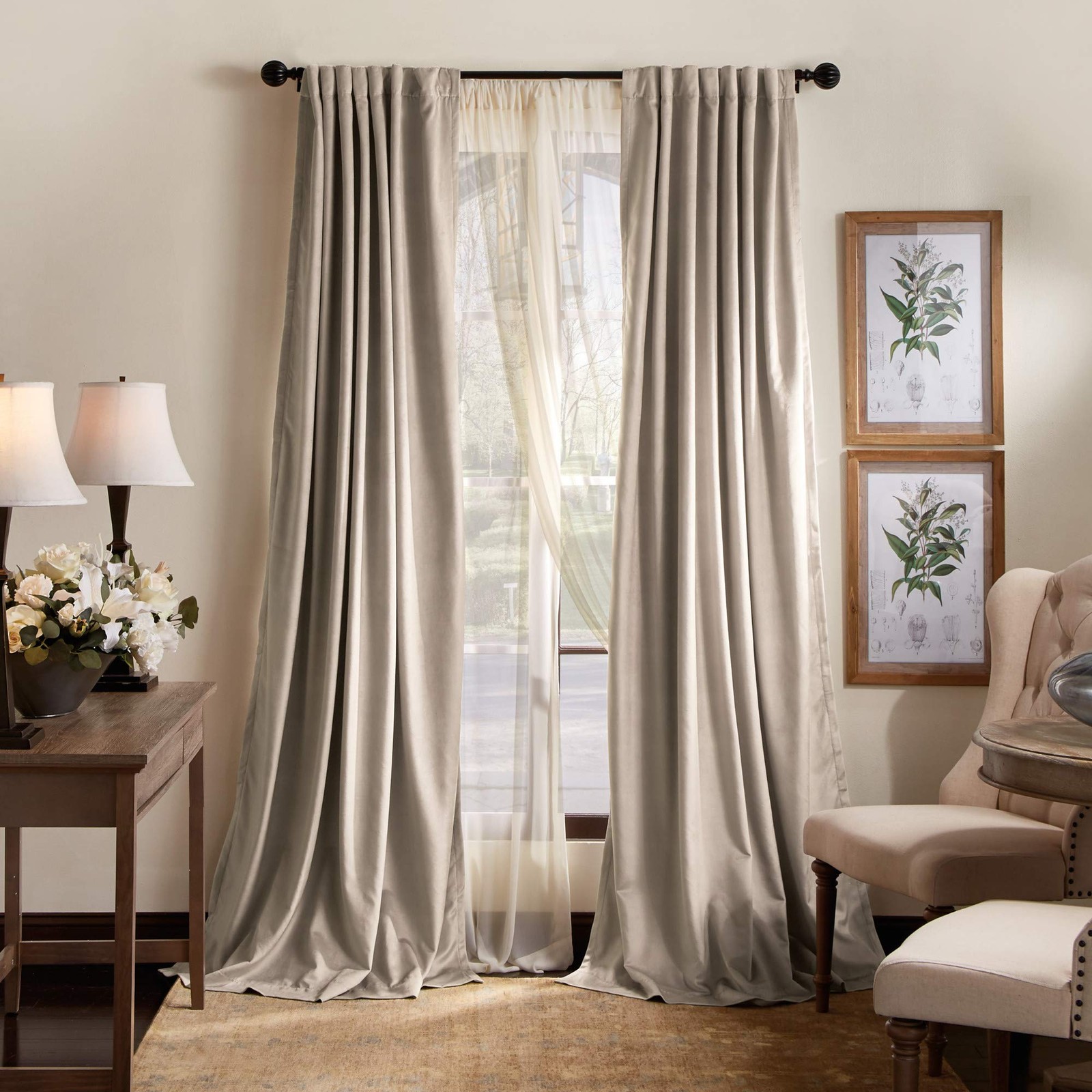 Lucca Velvet Blackout Back Tab Window Curtain Panel Pair, 84″, Linen Beige