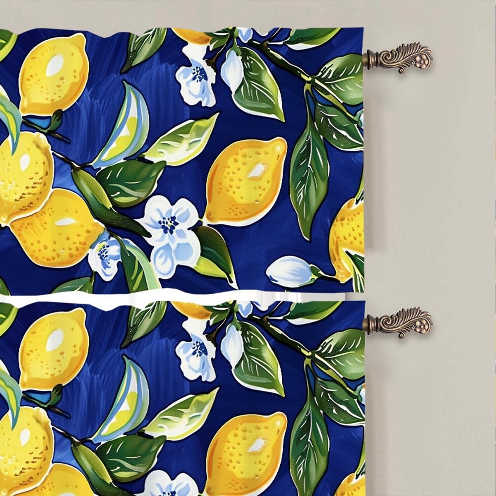 2 Panel Blue Floral Yellow Lemon Window Valances, Nature Food Fruit Window Tr…