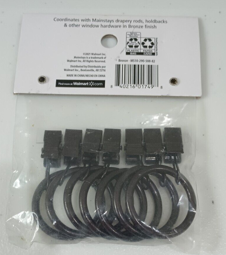 (7-Pk) Mainstays Curtain Clip Rings Bronze MS10-290-508-82 Fits 1” Rods New