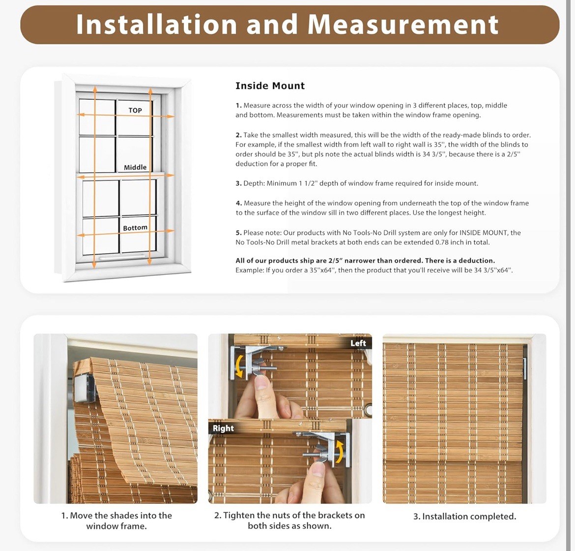 LazBlinds Cordless Bamboo Roman Shades 40″x72″ No Drill Light #R015