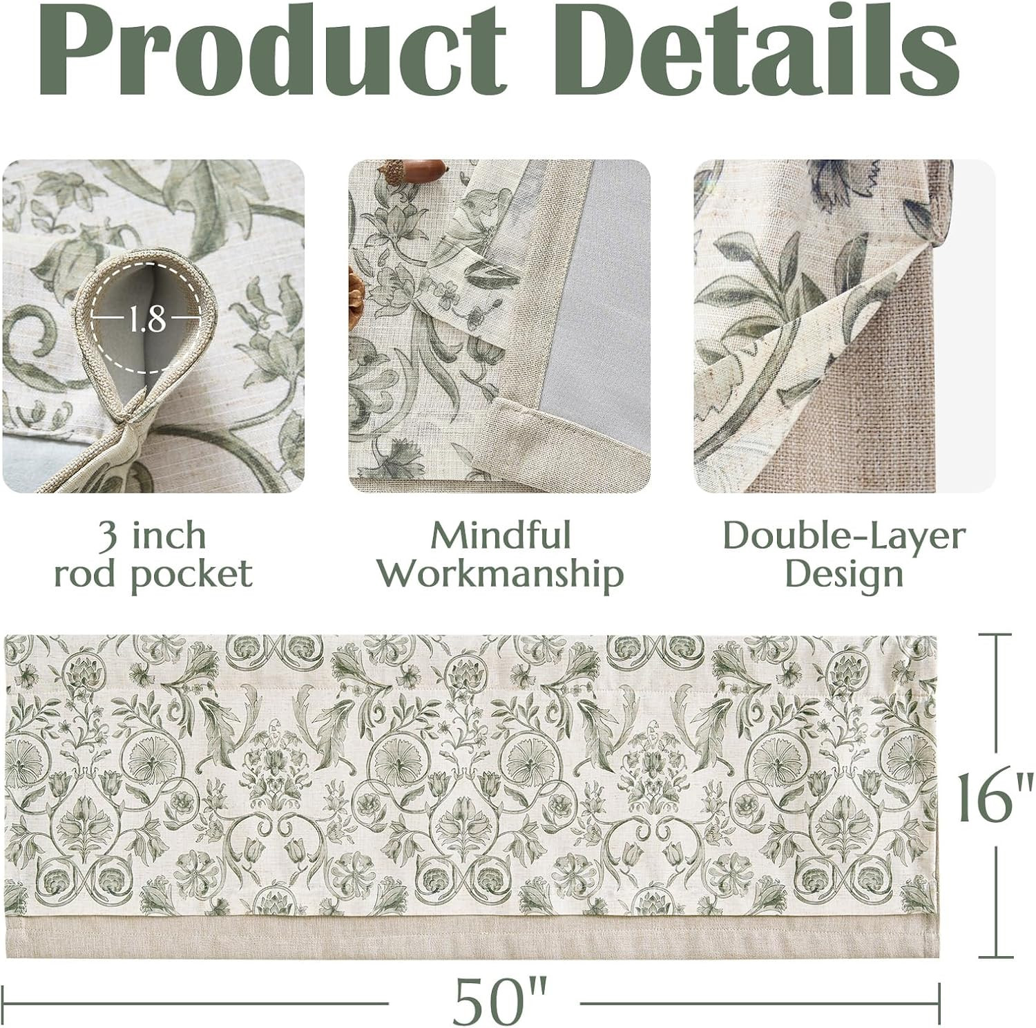 jinchan Linen Valance Kitchen Curtain for Windows Double Layer 16 Inch for Livin