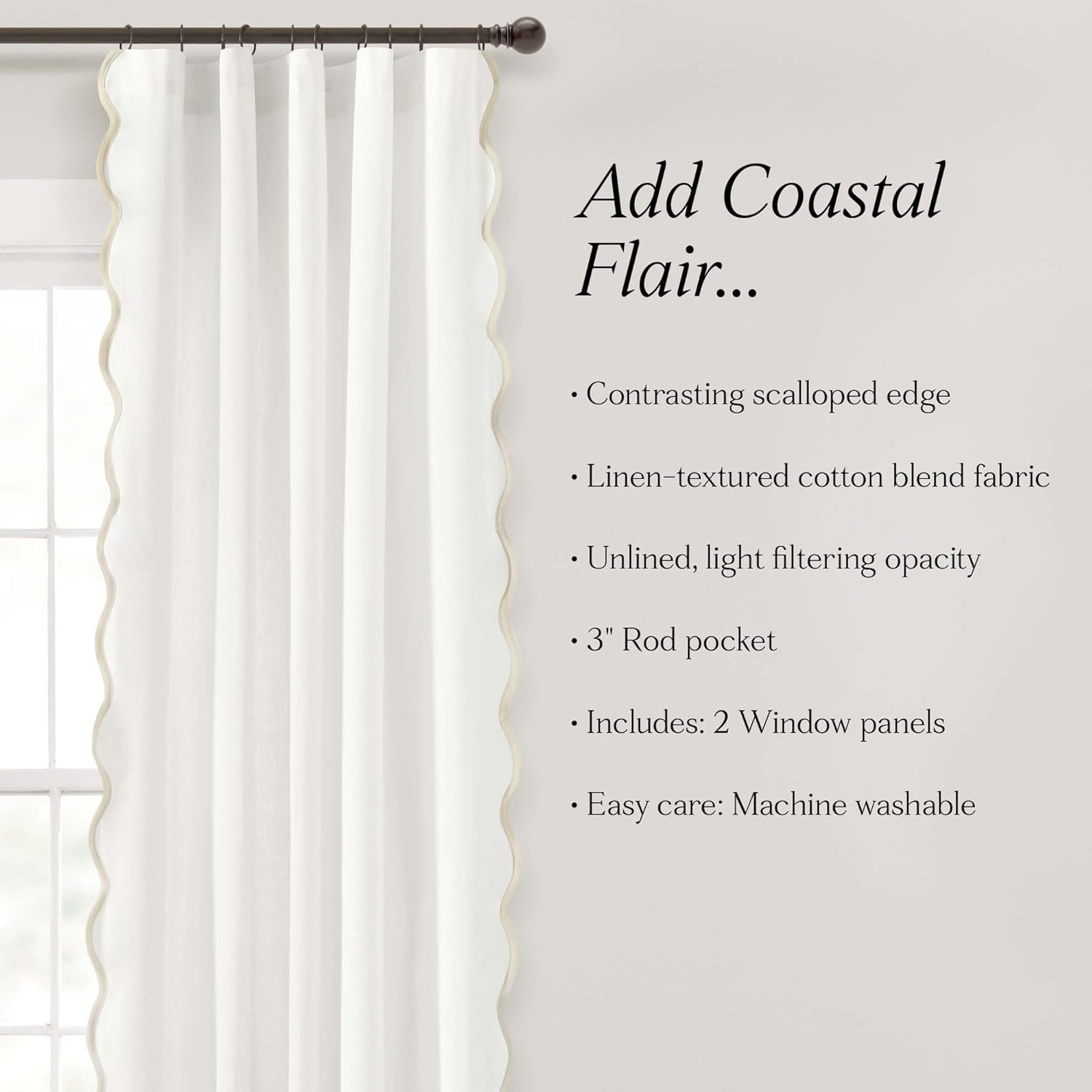 Coastal Chic Scalloped Edge Light Filtering Curtain Panels, 52″x84″, White
