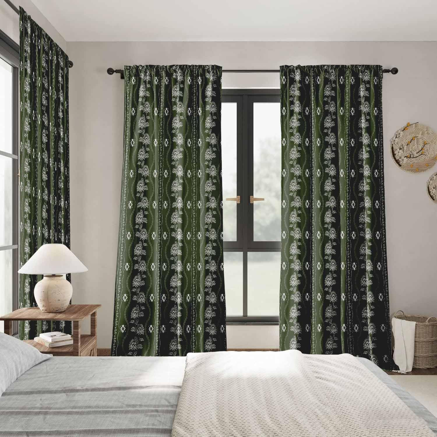 Green Floral Curtains 84 Inch Length 2 Panels Set Olive Green and White Vintage