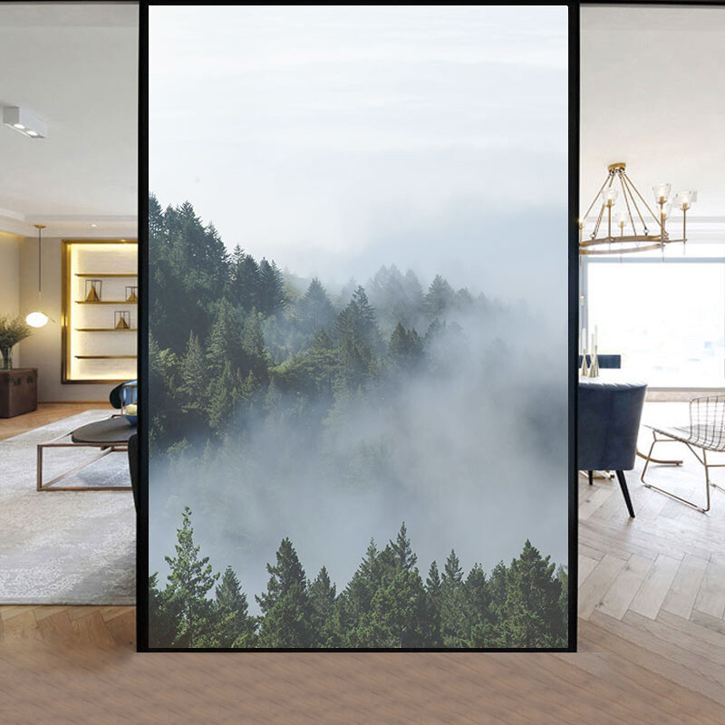 Home Window Film Static Cling Stained Forest Scenery 3D Frosted Decor US