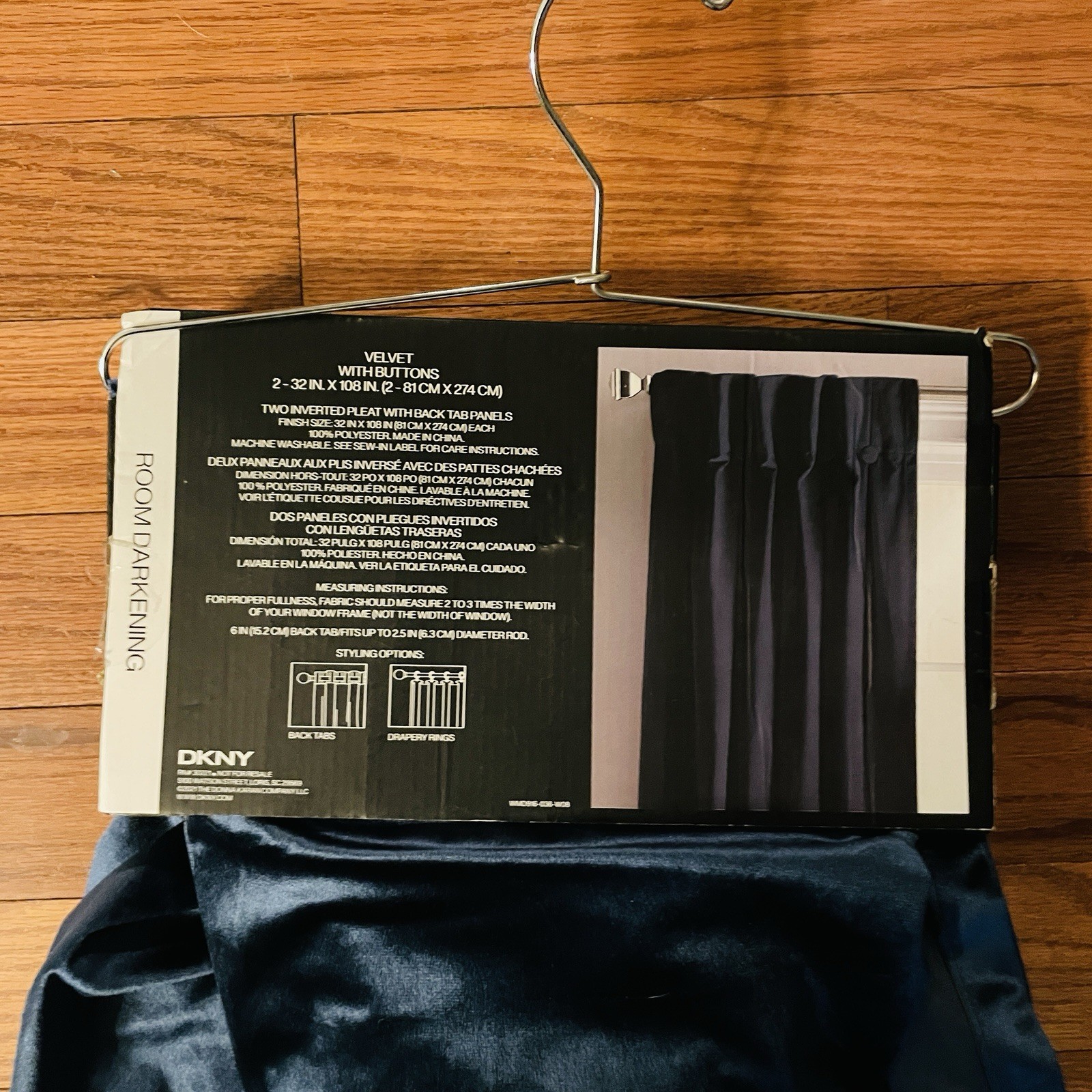 2 DKNY Velvet Inverted Pleat Navy Blue Indigo 108″ Curtain Panels With Buttons