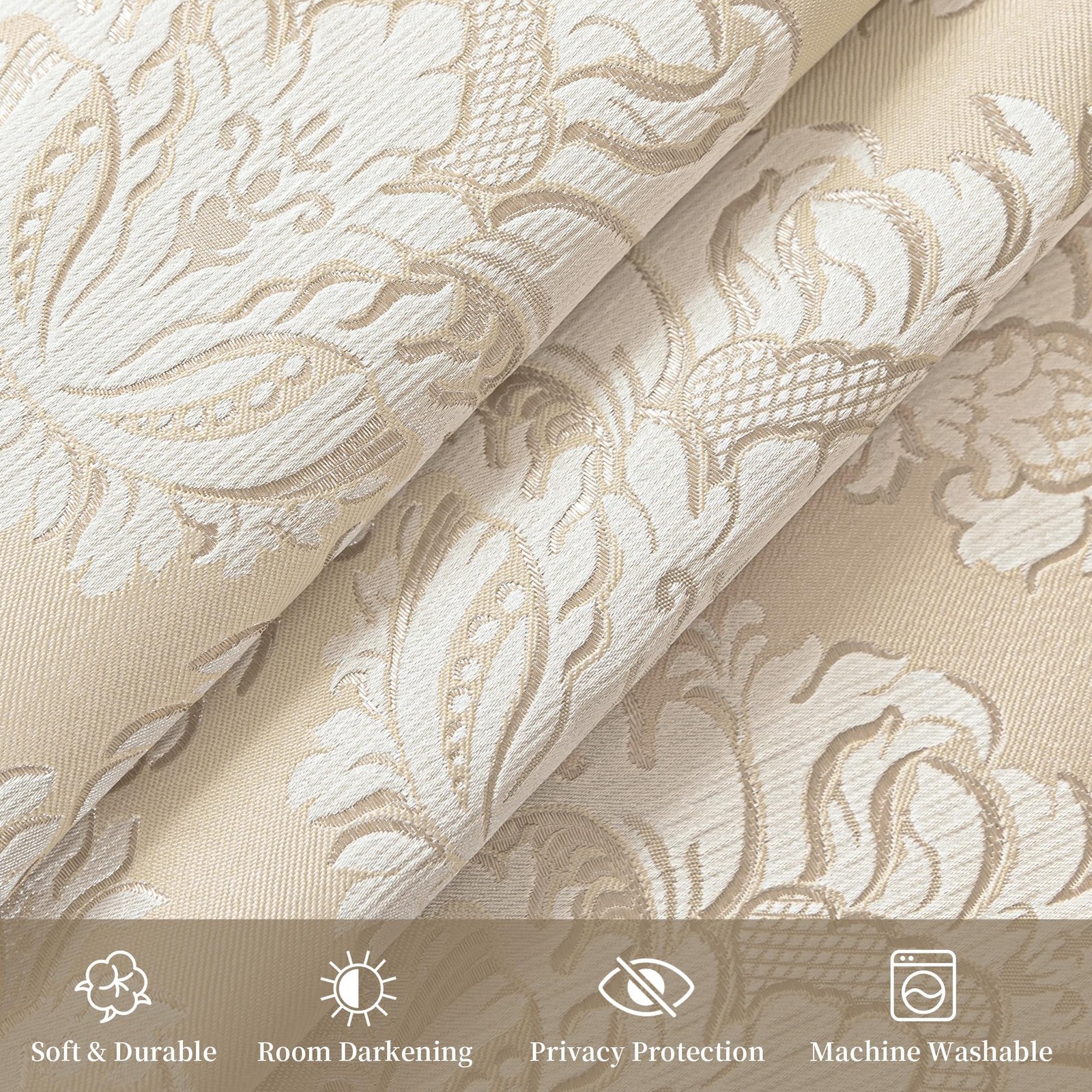 Jacquard Damask Window Curtain Panels for Bedroom Living Room, Beige White Tr…