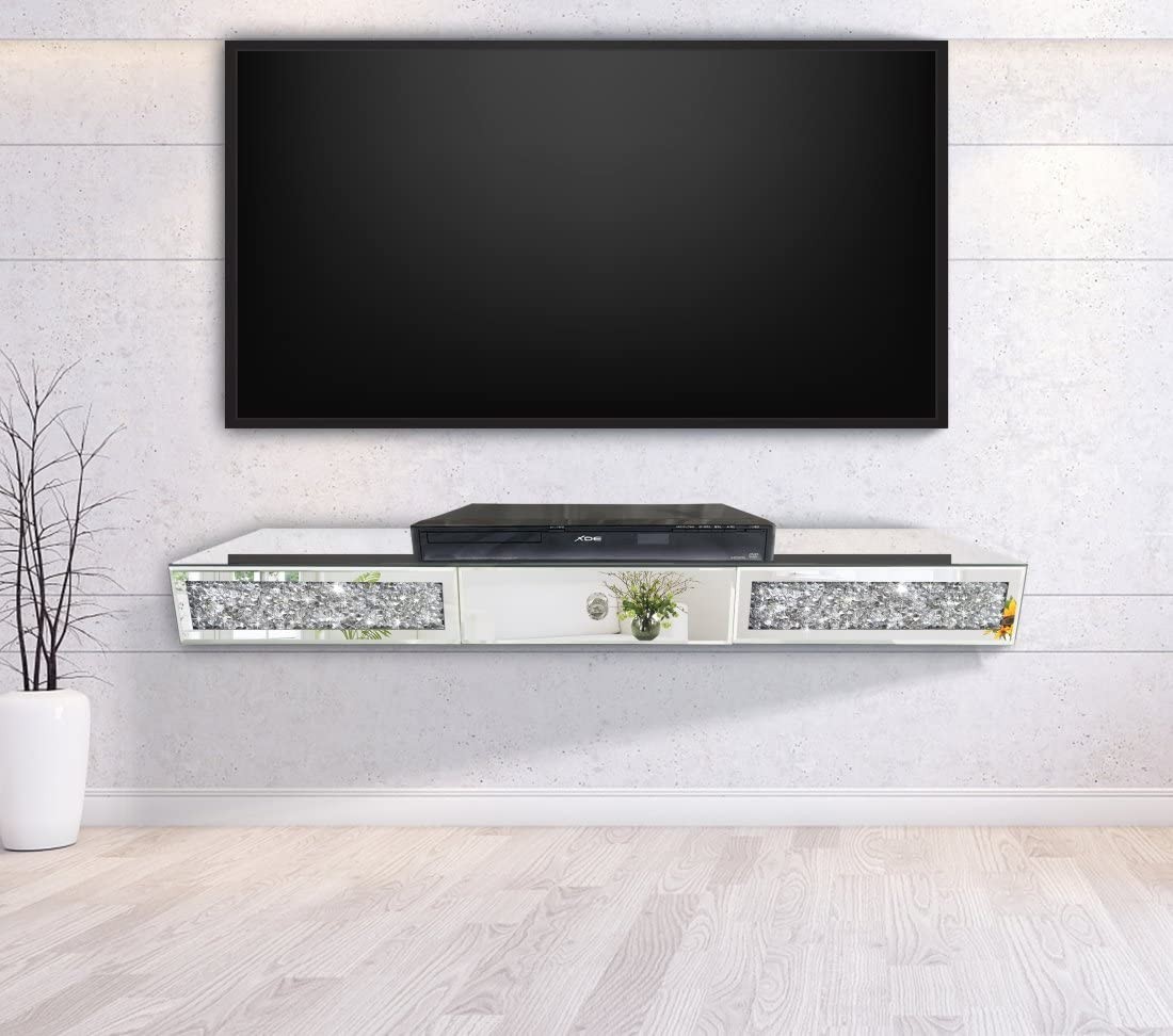 ST3000 Crystal Diamond Mirrored Wall Shelf with Drawer-31.5″ Silver Mirror Cr…