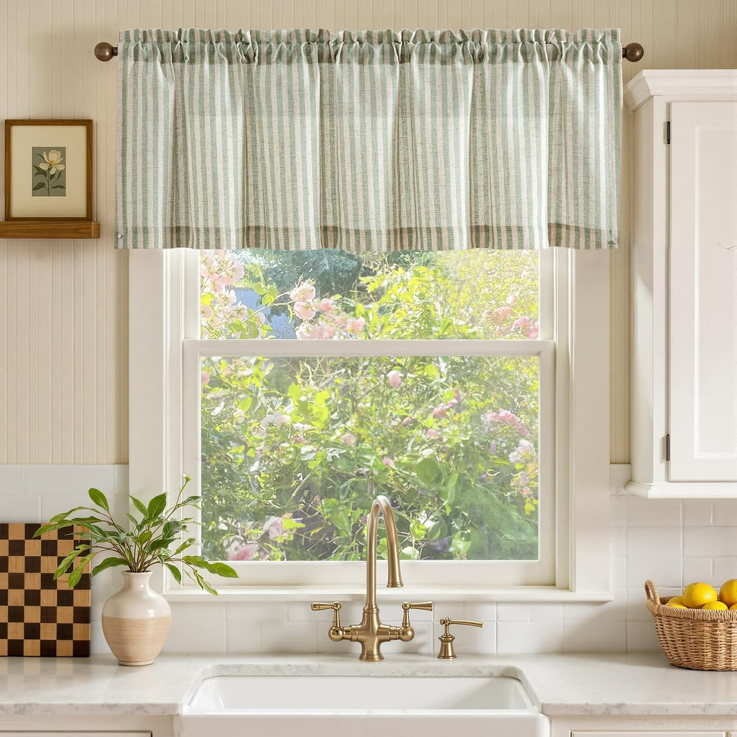 Linen Boxter Stripe Valances for Window 16 Inch,Sage Green,1 Panel | Light Filte