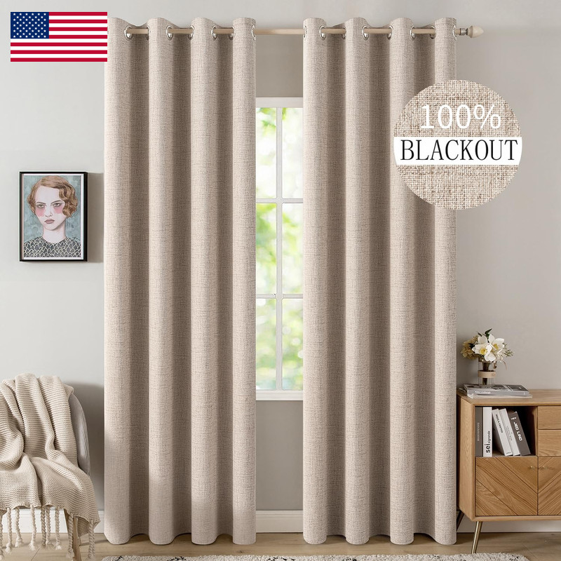Miulee 100 Blackout Linen Textured Curtains For Bedroom Solid Thermal Insulated
