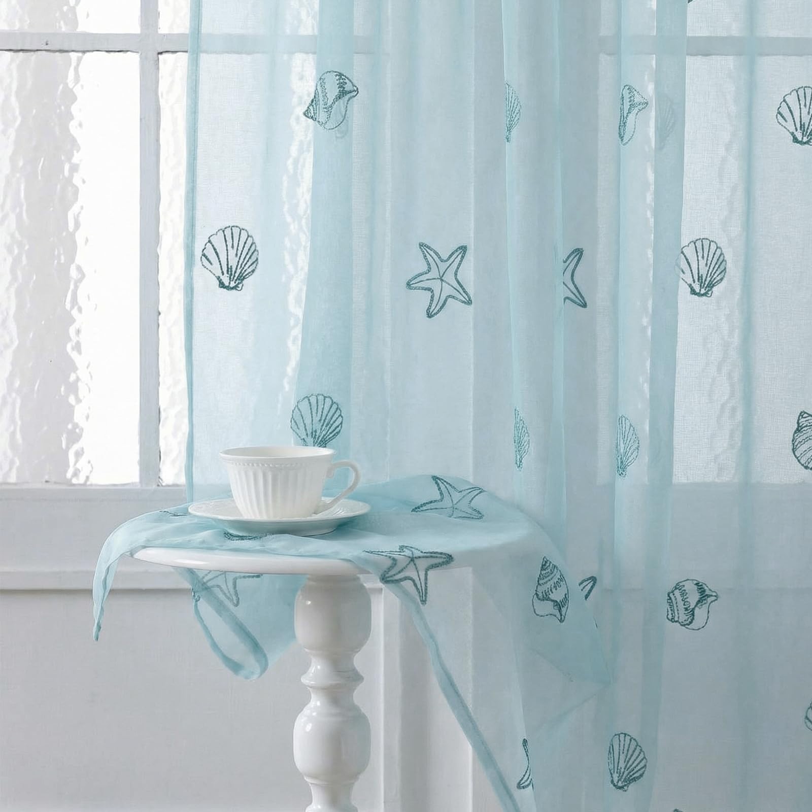 Coastal Beach Sheer Curtains 84″ Long, Embroidered Voile Window Decor for Kids’