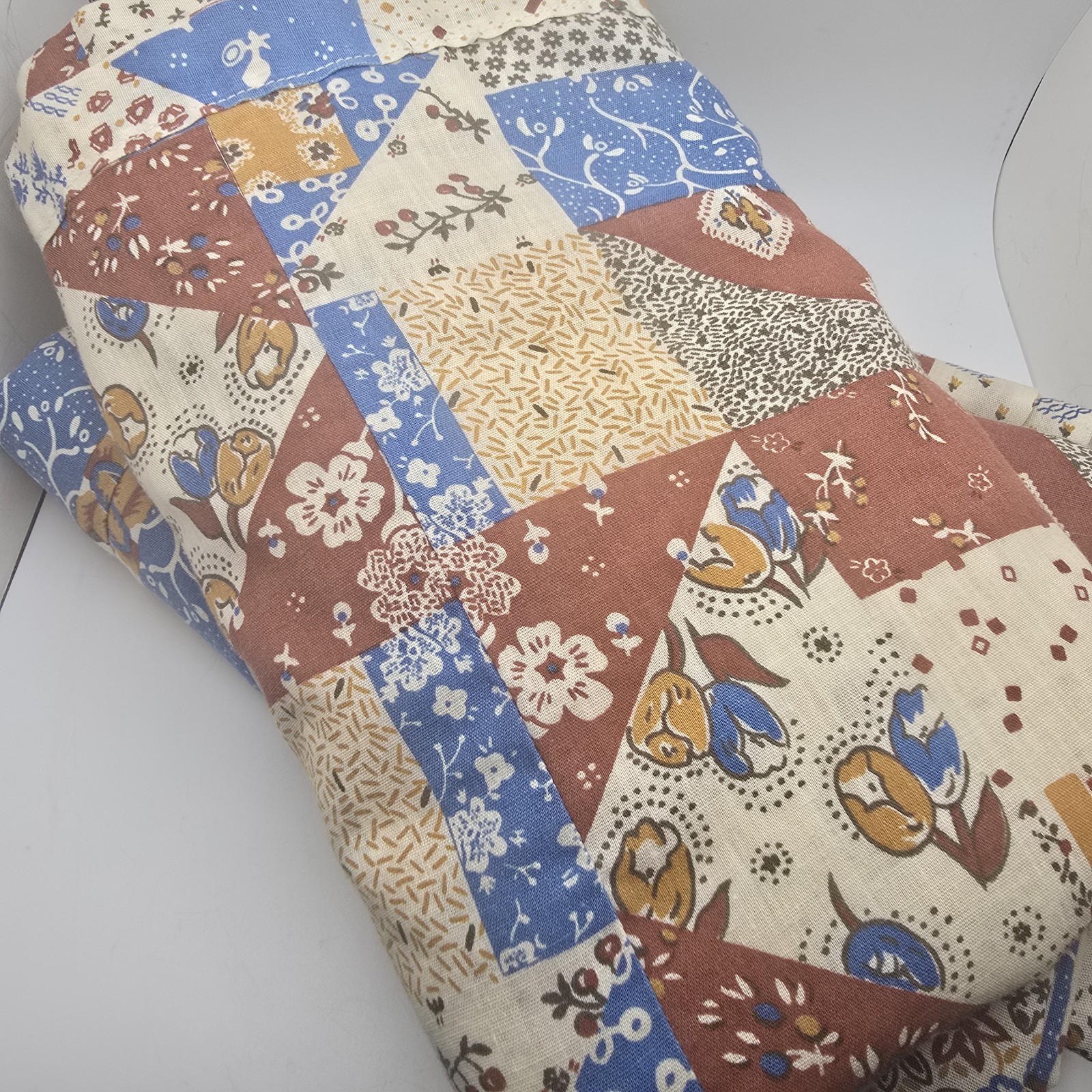 Vtg 70s Curtain Panels Blue Brown Gold Boho Floral Cottagecore Set 2 Handmade