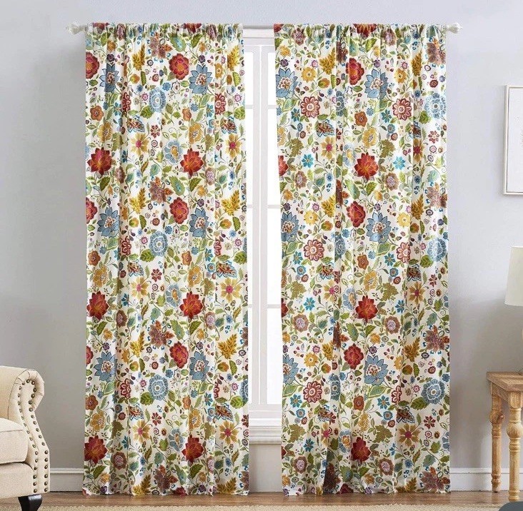Greenland Home Astoria Blue Red Yellow Floral (2) Curtain Panels 42X84” New