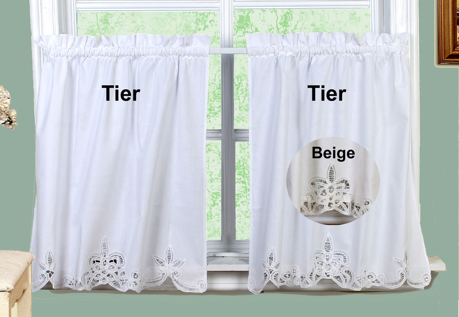 Batteburg Kitchen Curtain Valance Tier Swag Beige White